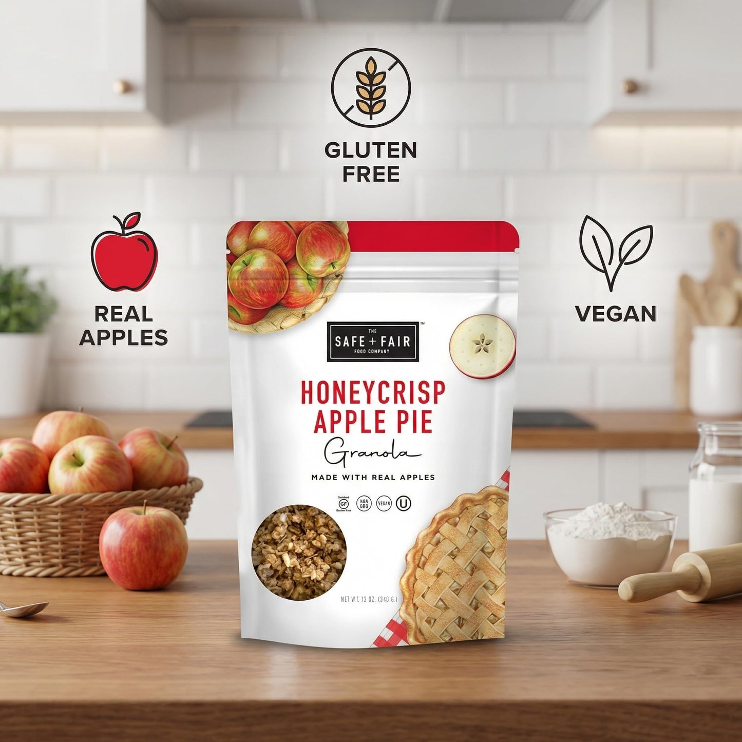 Safe + Fair Honeycrisp Apple Pie Granola - 12 oz Bags - Pack of 1 - Yogurt and Snacking - Granola Mix Breakfast Organic Cereal Style with a Random