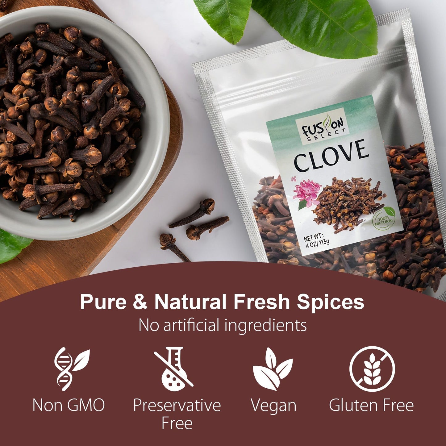 Fusion Select 4 Oz Whole Cloves - Fresh & Natural Dried Whole Clove Buds for Seasoning & Cooking Food, Spice Blends, Tea, Potpourri, Pomander Balls