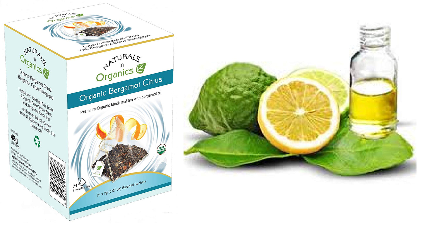 Naturals-n-Organics Organic Bergamot Citrus Earl Grey Tea with Natural Italian Bergamot Oil for Autophagy and Detox, 24 Bio-degradable Pyramid Tea
