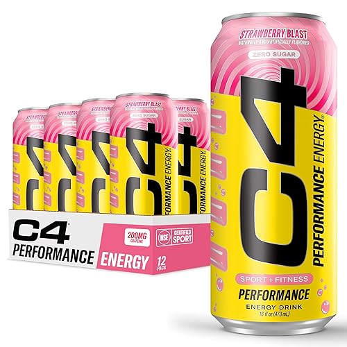 C4 Performance Energy Drink | Strawberry Blast | Zero Sugar Carbonated Preworkout Energy | 200mg Caffeine with Beta Alanine | 16 Fl Oz (12 Pack)