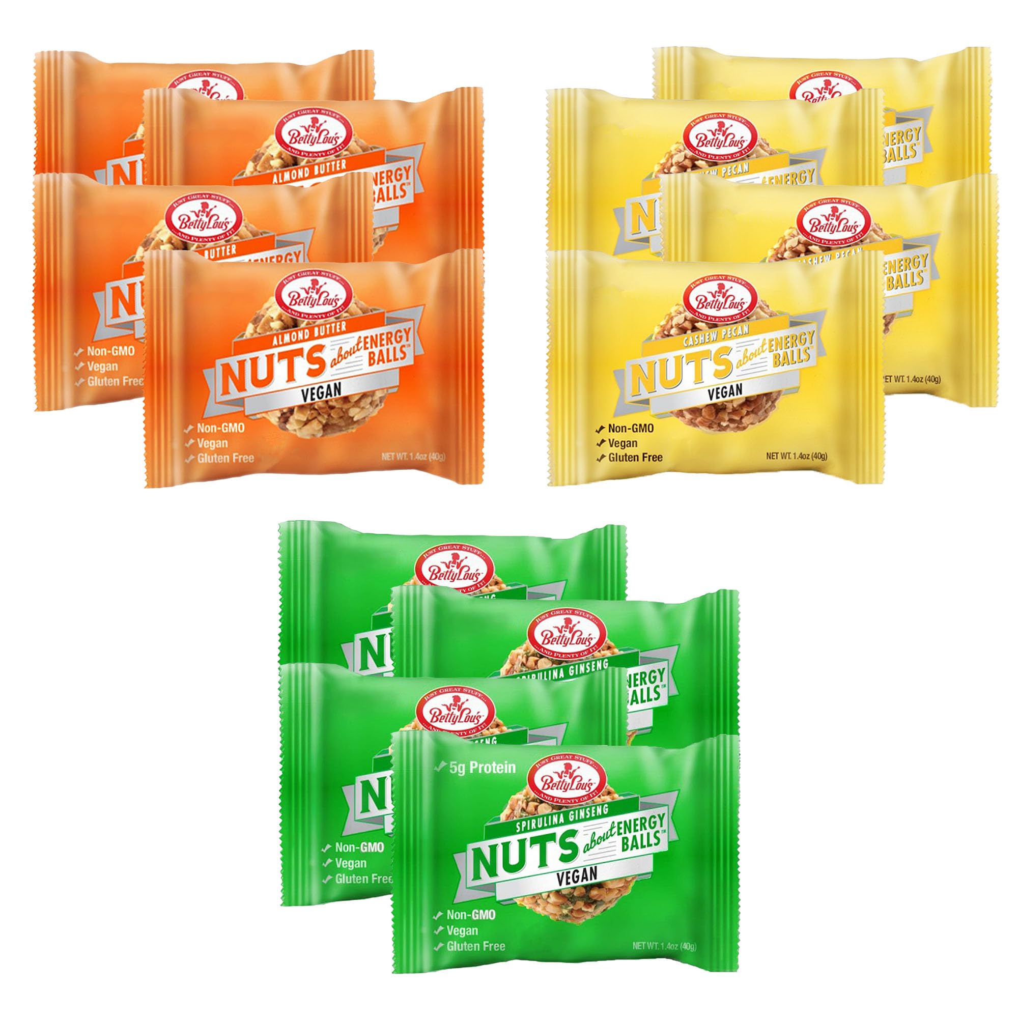 Betty Lou's Variety Pack Vegan Energy Balls, Delicious Gluten Free Protein Balls, Non GMO, High Fiber, No Refined Sugar, Healthy Vegan Snacks