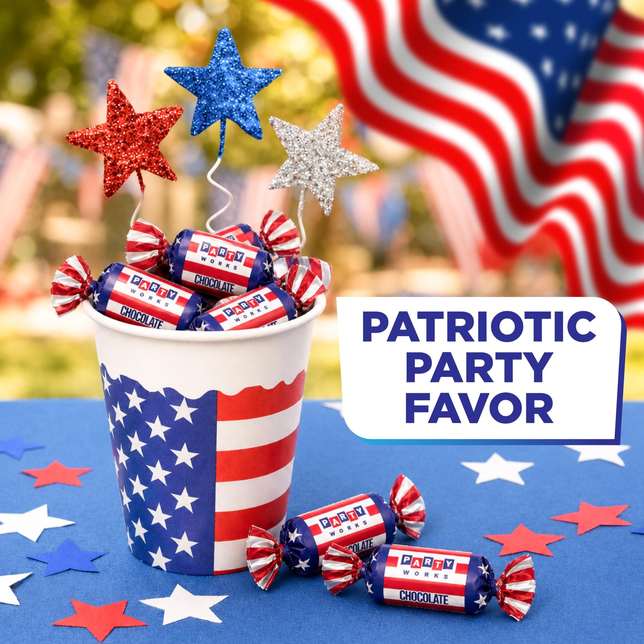 Patriotic Candy - 2 Pound Pack - Chocolate Flavored Caramels - Fourth of July Candy Bulk - Individually Wrapped Red White and Blue Taffies
