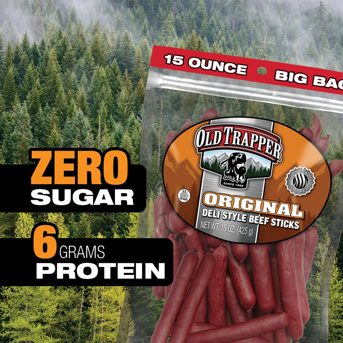 Old Trapper Original Deli-Style Beef Sticks,15-Ounce Package, Perfect for On-the-Go Snacking, Six Grams of Protein and Zero Grams of Sugar per Serving