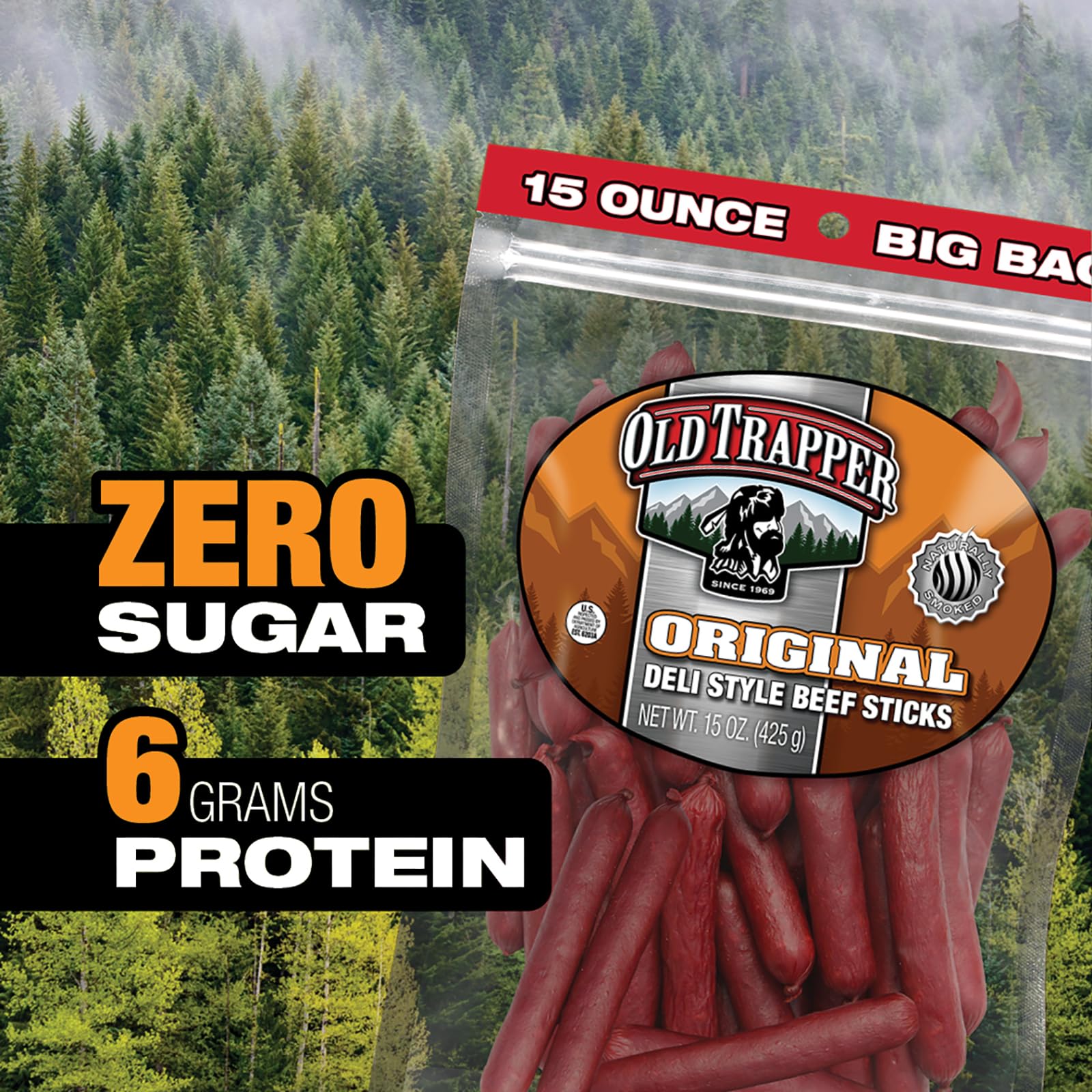 Old Trapper Original Deli-Style Beef Sticks,15-Ounce Package, Perfect for On-the-Go Snacking, Six Grams of Protein and Zero Grams of Sugar per Serving