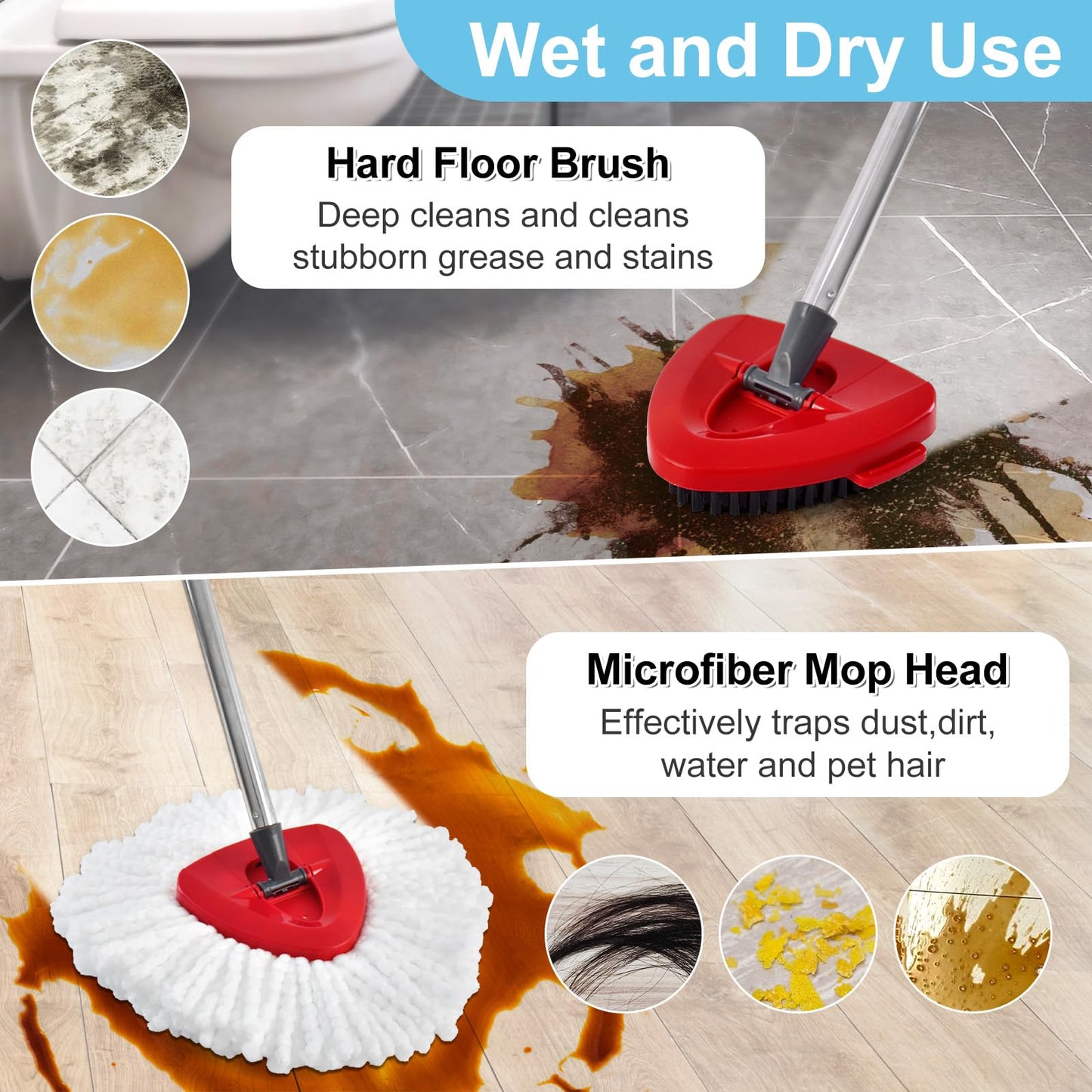 Spin Mop Handle, Mop Replacement Head,Brush,Base Compatible with OCedar EasyWring 1 Tank,2 Microfiber Mop Refills,1 Mop Base,1 Brush and 30-58" Mop