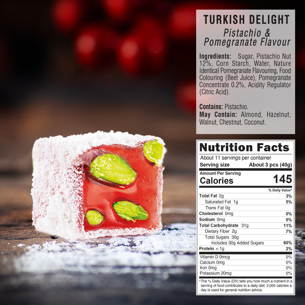 HazerBaba Turkish Delight Pistachio Candy, Pomegranate, 16oz (Pack of 1)