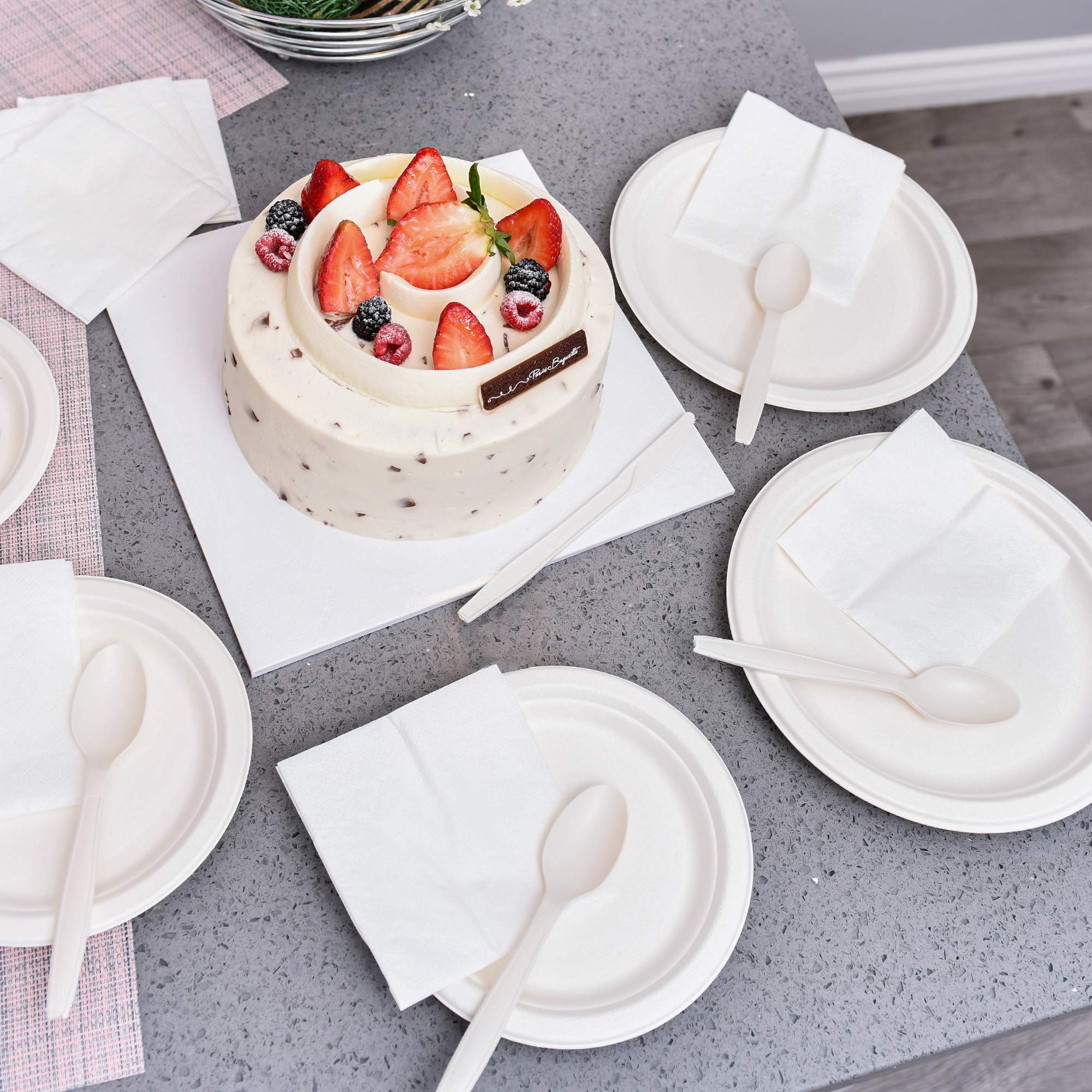 EPIQUEONE Disposable Paper Plates & Utensils Set (350-Piece) - White Tableware with Plates, Forks & Spoons -Microwave & Freezer Safe - Bulk Party