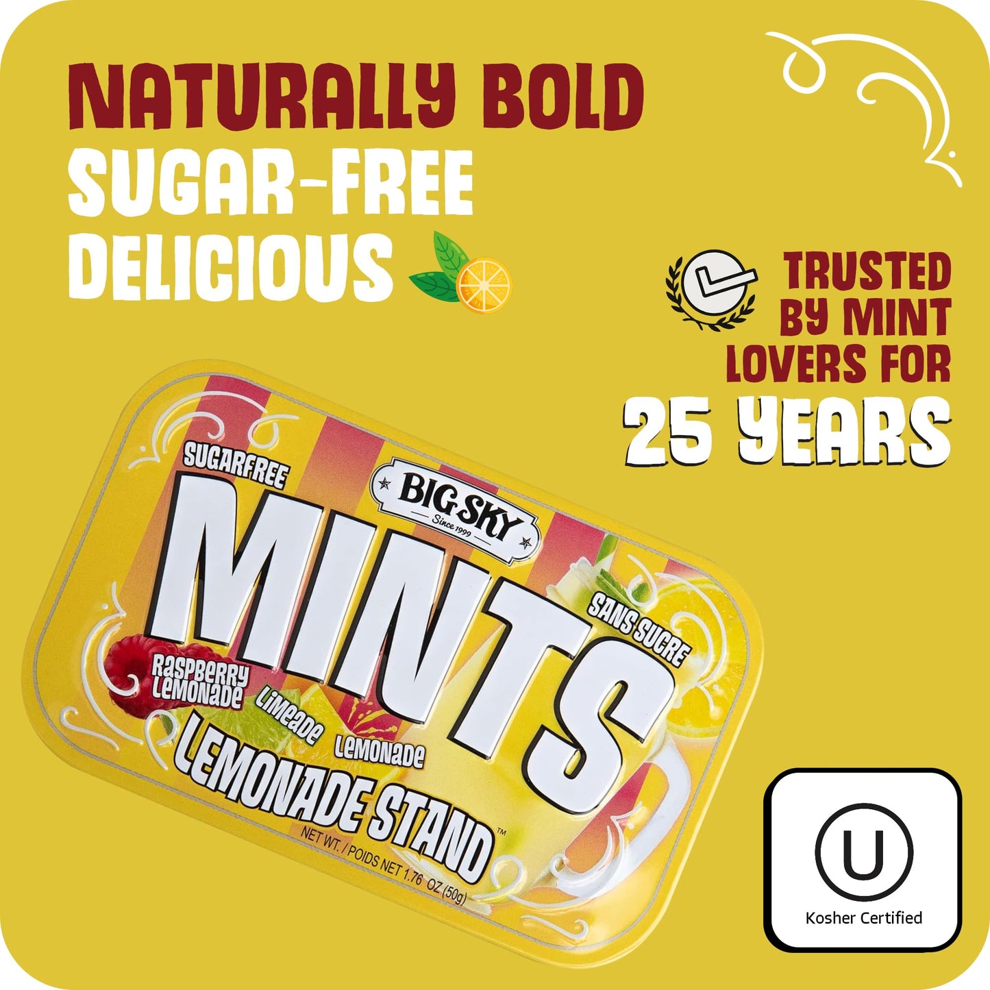 Big Sky Sugar Free Lemonade Stand Mints - 50 Count Tin (Pack of 6) | Kosher Certified, Vegan Candy | Aspartame & Gluten Free | Lemon Flavored Sugar