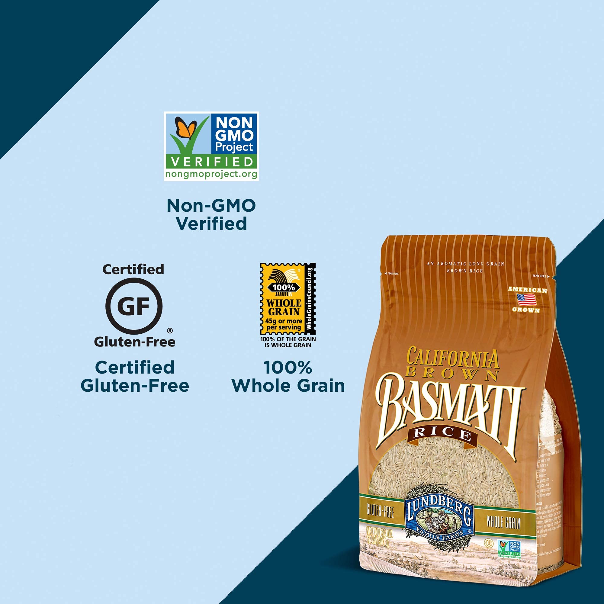 Lundberg Family Farms - California Brown Basmati Rice, Pleasant Aroma, Won't Clump When Cooked, 100% Whole Grain, High Fiber, Pantry Staple, Gluten-Free, Non-GMO, Vegan, Kosher (32 oz, 3-Pack) 3