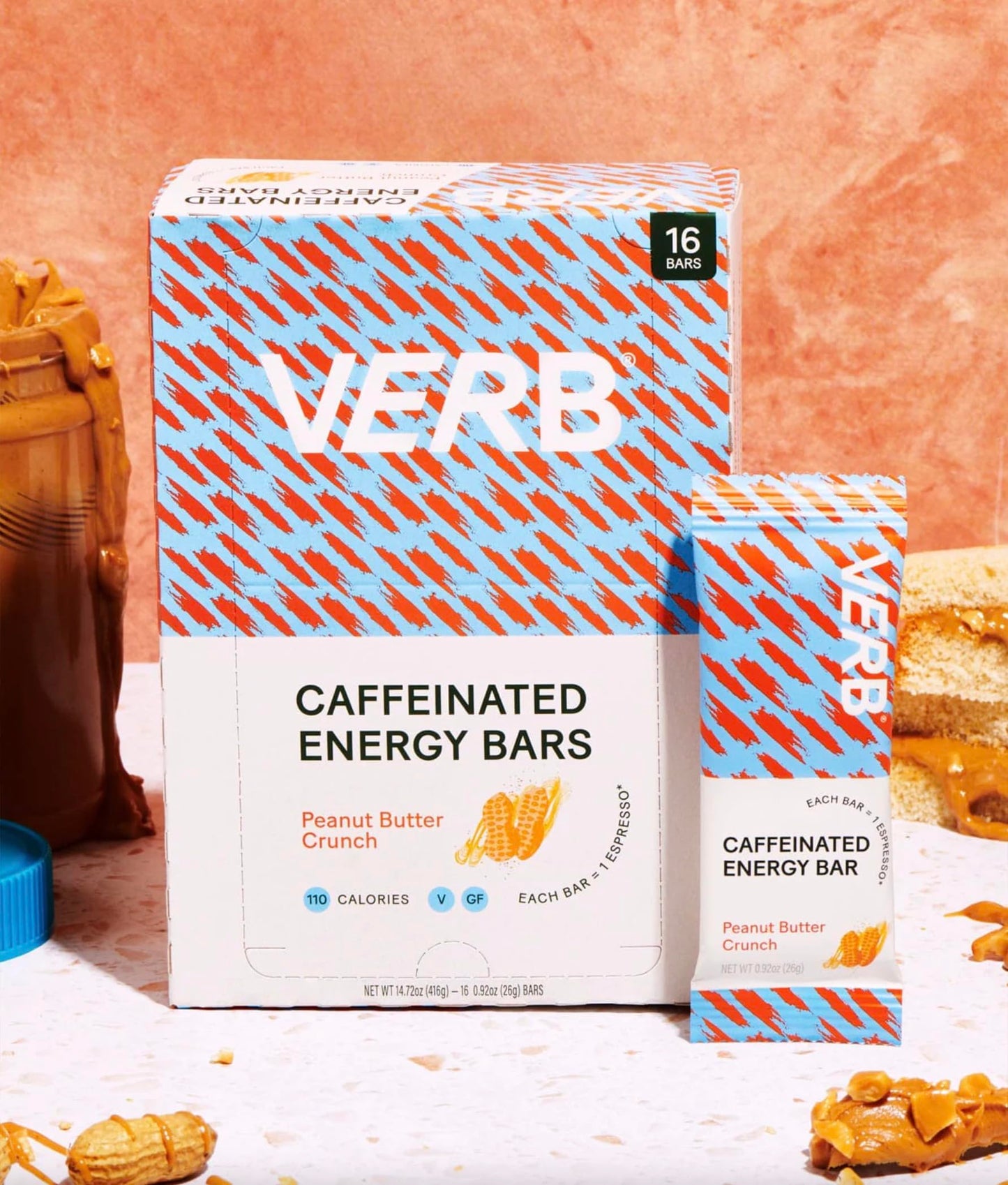 Verb Caffeinated Energy Bars Peanut Butter Cookie (26g, Pack of 16) 110-Calorie Delicious Energy Bar - Vegan Gluten Free On-the Go Snack with 80mg