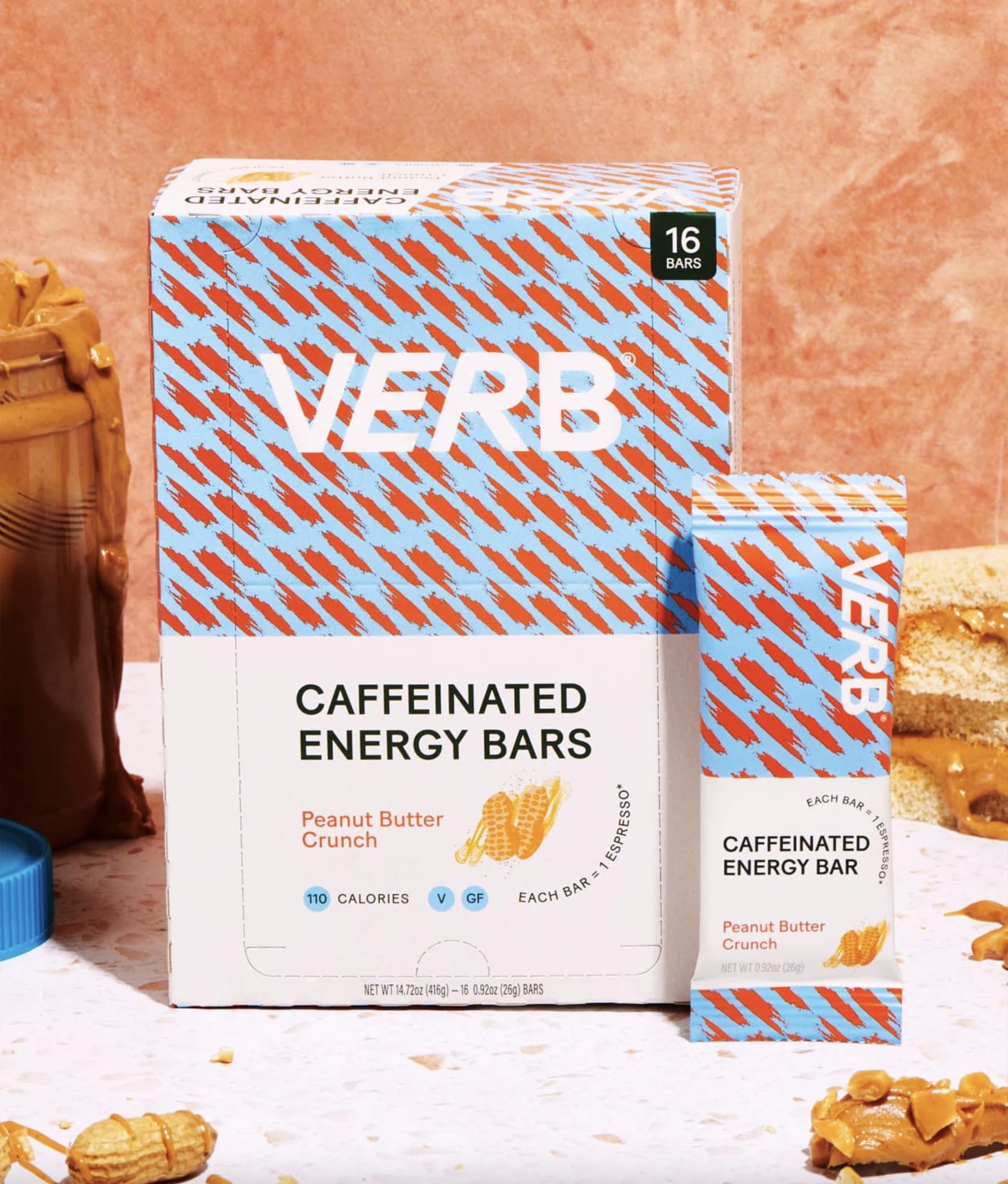 Verb Caffeinated Energy Bars Peanut Butter Cookie (26g, Pack of 16) 110-Calorie Delicious Energy Bar - Vegan Gluten Free On-the Go Snack with 80mg
