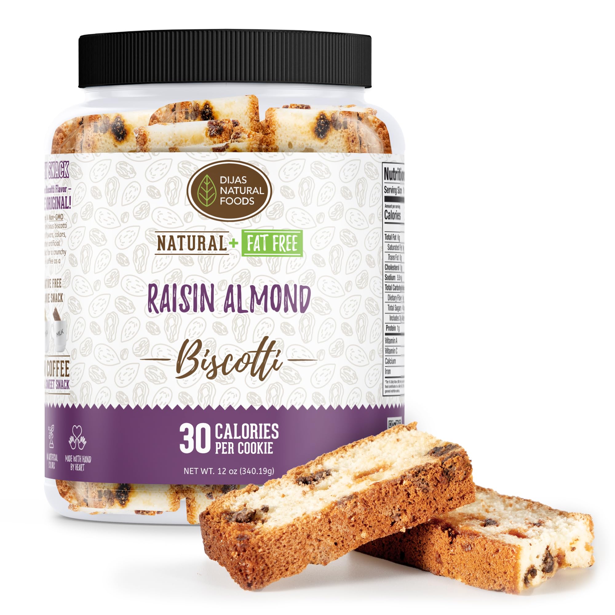 DIJAS Natural Foods, Individually Wrapped Fat Free Biscotti Cookie, All Natural Preservative Free Ingredients, Delicious Low Calorie Snack (Raisin