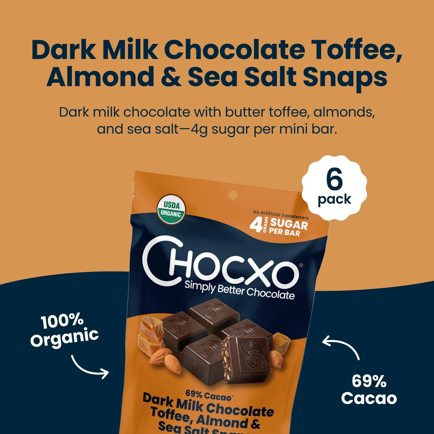Chocxo Dark Milk Chocolate Toffee, Almond & Sea Salt Snaps - Low in Real Sugar, Organic, Non-GMO, Gluten Free & Kosher, No Artificial Sweeteners or