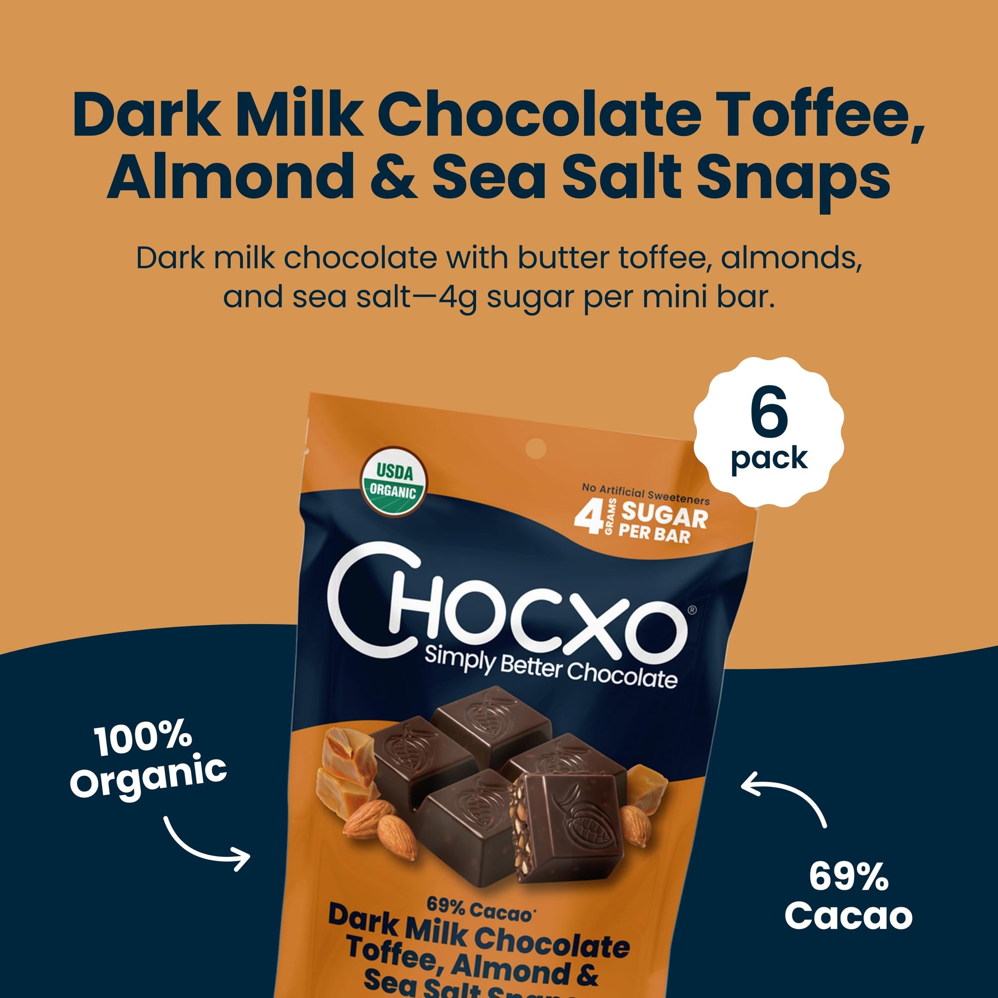 Chocxo Dark Milk Chocolate Toffee, Almond & Sea Salt Snaps - Low in Real Sugar, Organic, Non-GMO, Gluten Free & Kosher, No Artificial Sweeteners or