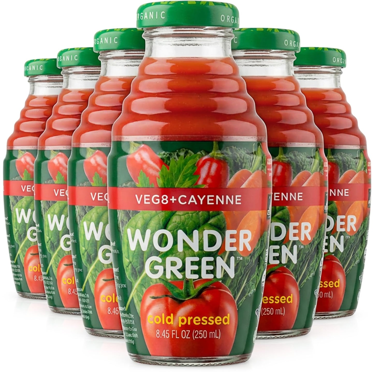 Wonder Green Organic Veg8 + Cayenne Cold Pressed Juice - 6 Pack (8.45 oz) - 100% Vegetable Juice, Low Sodium, No Added Sugar, Not From Concentrate