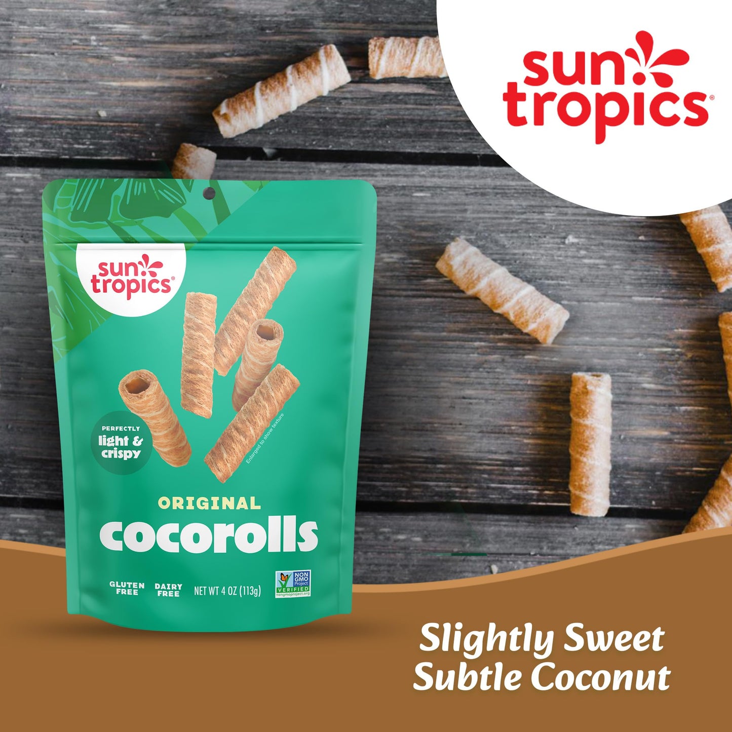 Sun Tropics CocoRolls Original Flavor 4 oz - Crispy Coconut Wafer Rolls Made with Pure Coconut Cream | Gluten-Free, Dairy-Free, Non-GMO Snack