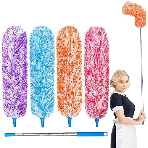 4 Pack Microfiber Feather Dusters, Up to 55 Inch Extension Pole, Cobweb Cleaner, Electrostatic Bendable Head,Telescoping Feather Dusters for Wall