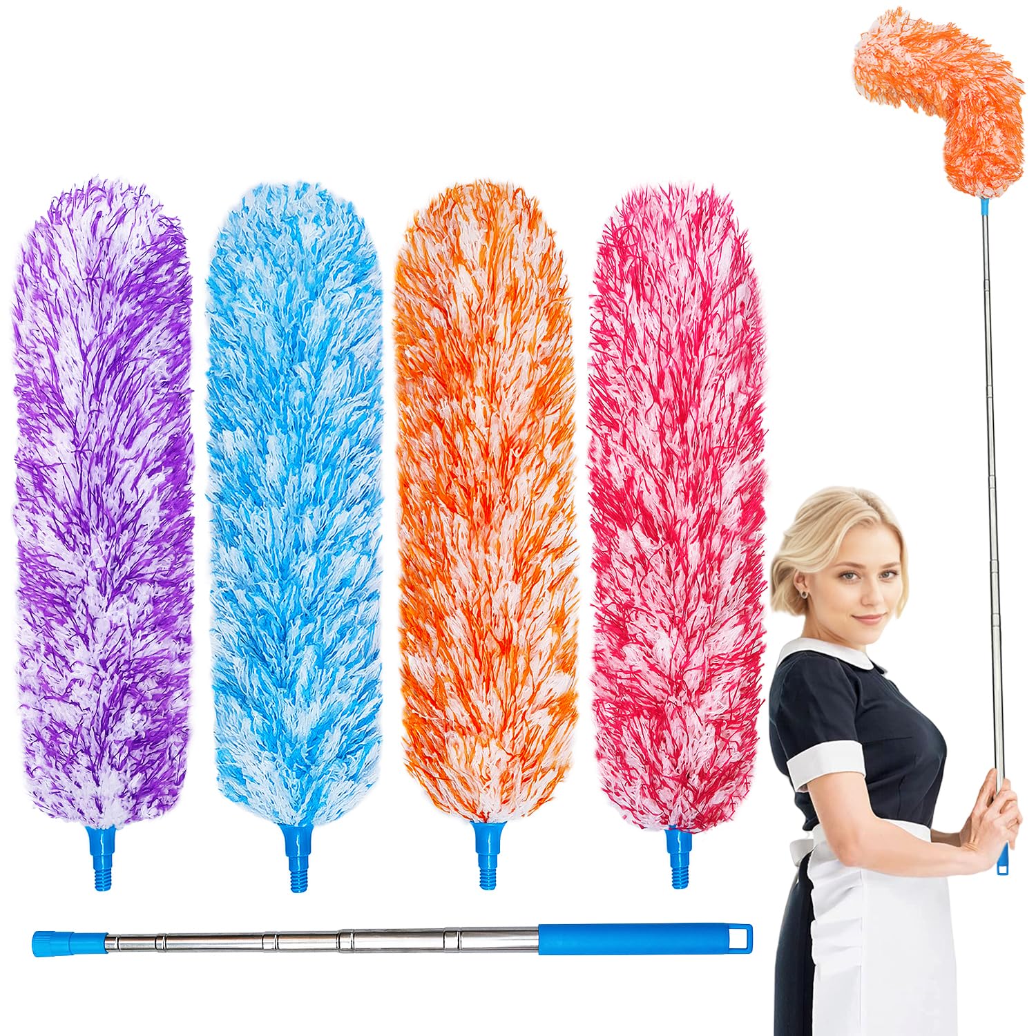 4 Pack Microfiber Feather Dusters, Up to 55 Inch Extension Pole, Cobweb Cleaner, Electrostatic Bendable Head,Telescoping Feather Dusters for Wall