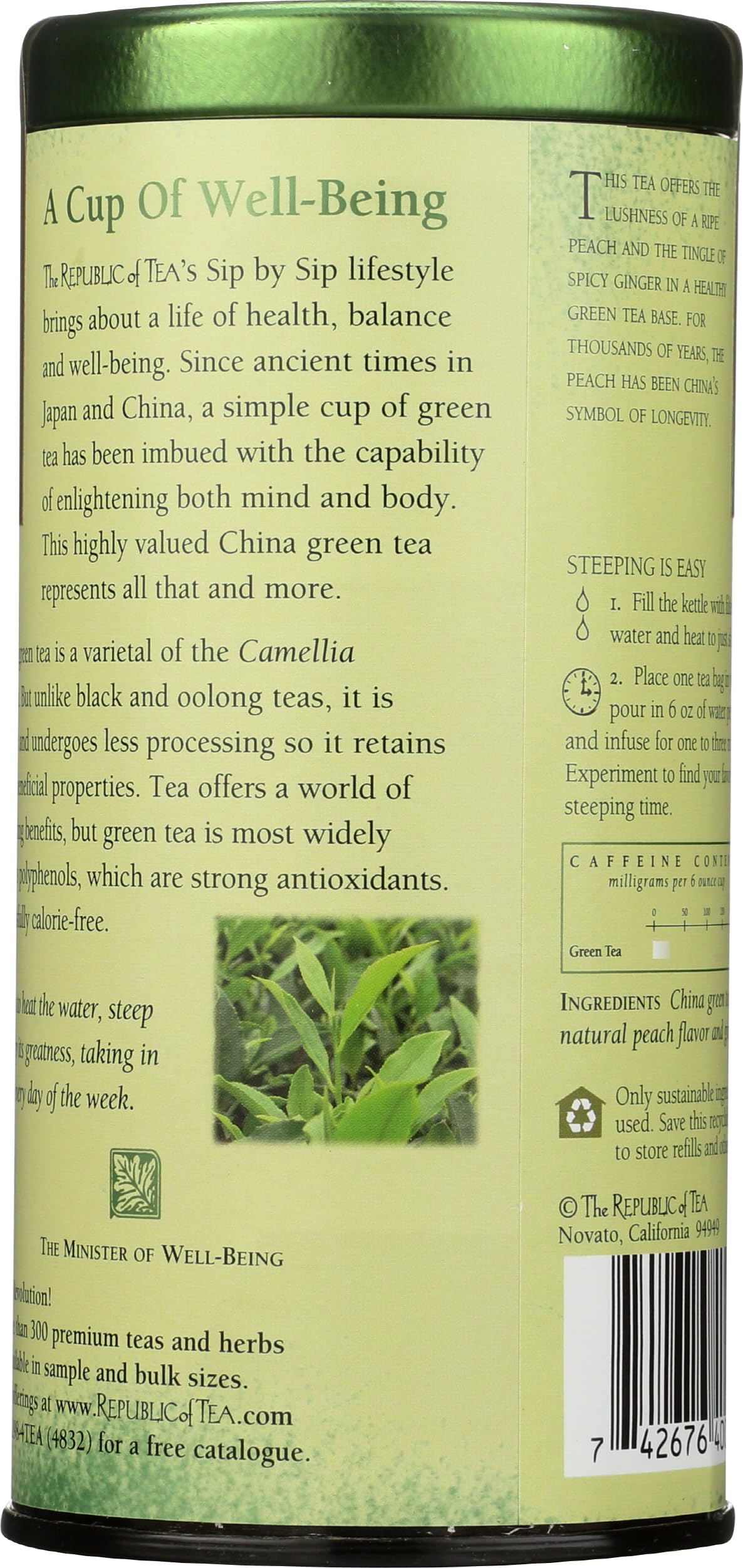 The Republic of Tea - Ginger Peach Green Tea, 50 Tea Bags, Tin | Flavored Fruit Tea | Caffeinated