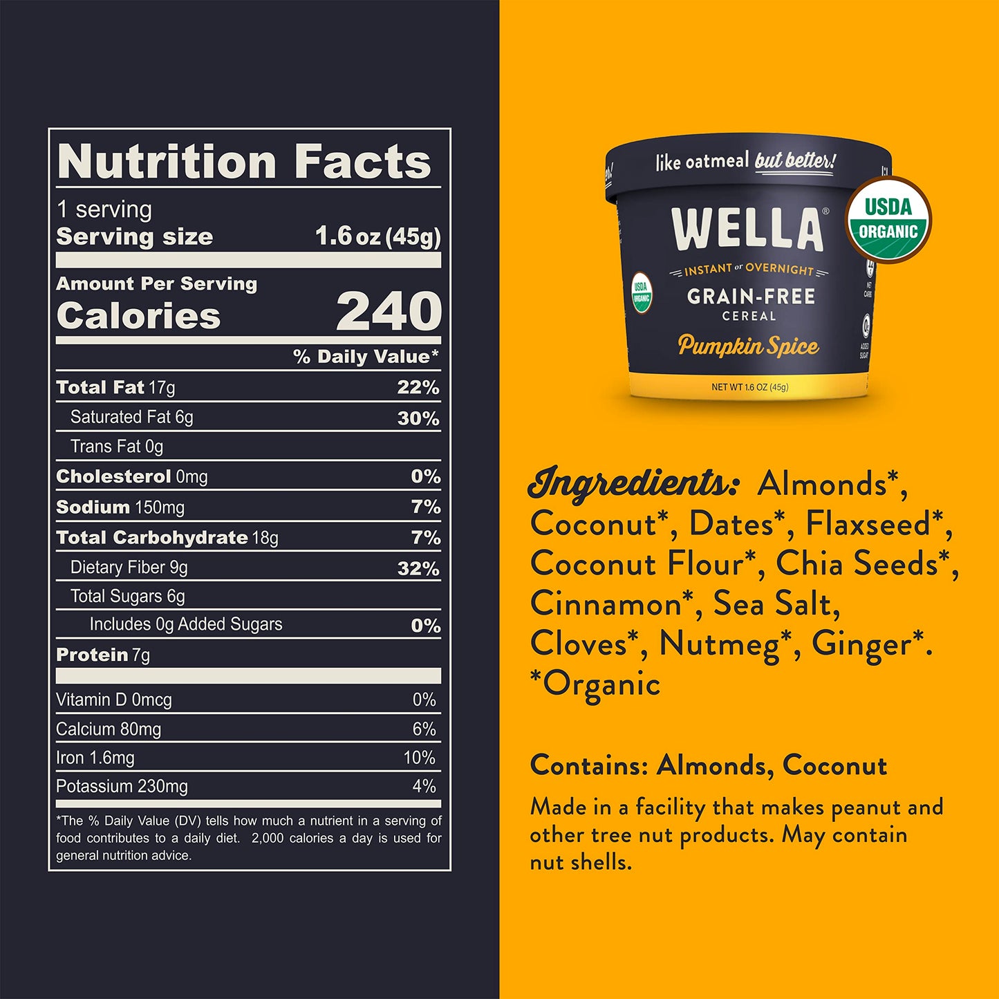 Wella Cereal Oatmeal Alternative, Gluten-Free Breakfast Hot Cereal, Grain-Free Paleo Organic Vegan High Protein Superfood, Plant-Based Non-GMO, Low in