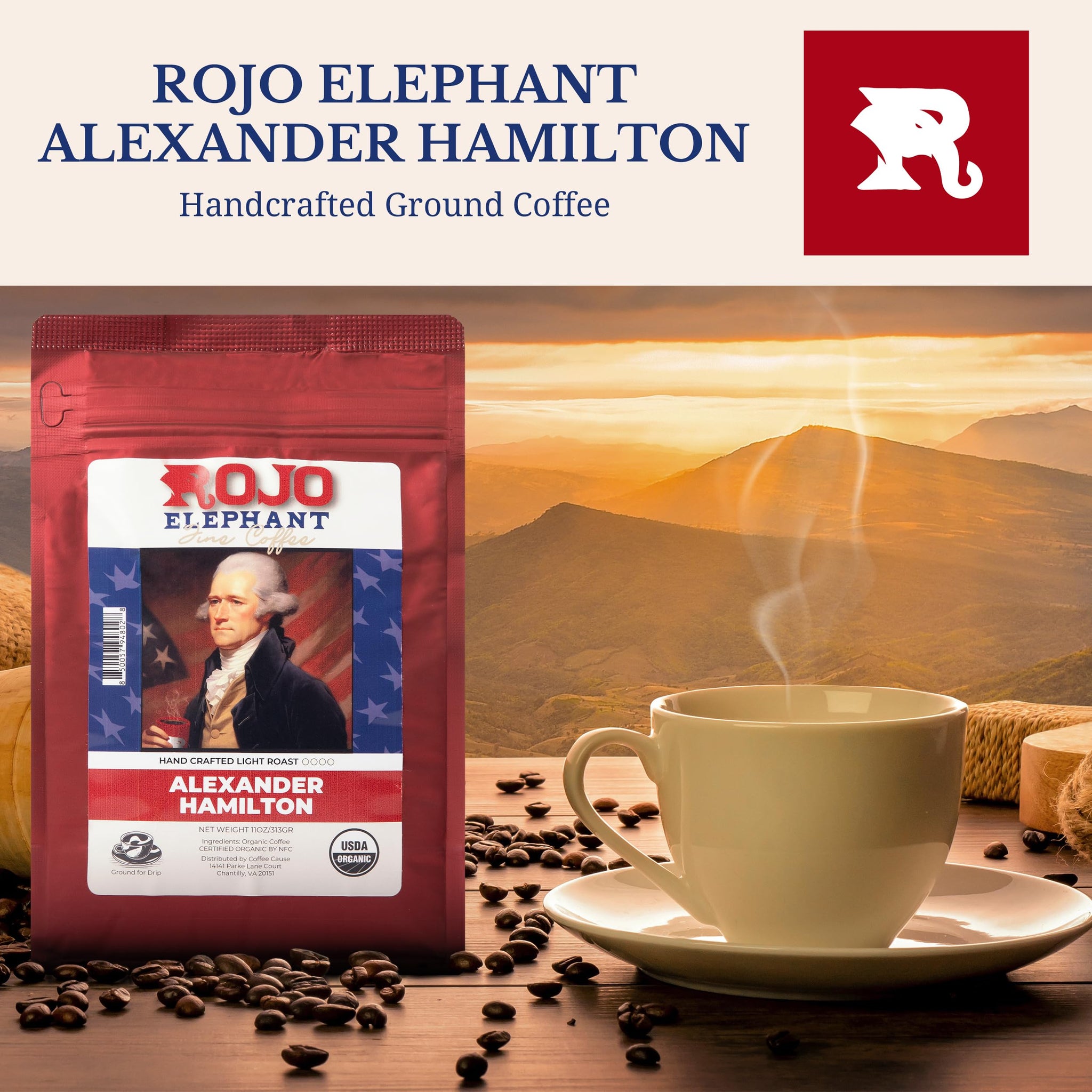Rojo Elephant Alexander Hamilton Coffee, Veteran-Owned, USDA Organic Ground, Light Roast, 100% Arabica, Smooth, Bold Flavor - 11 oz