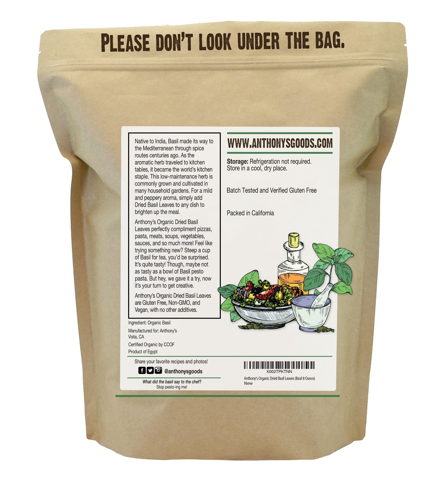 Anthony's Organic Dried Basil Leaves, 8 oz, Gluten Free, Non GMO, Cut & Sifted