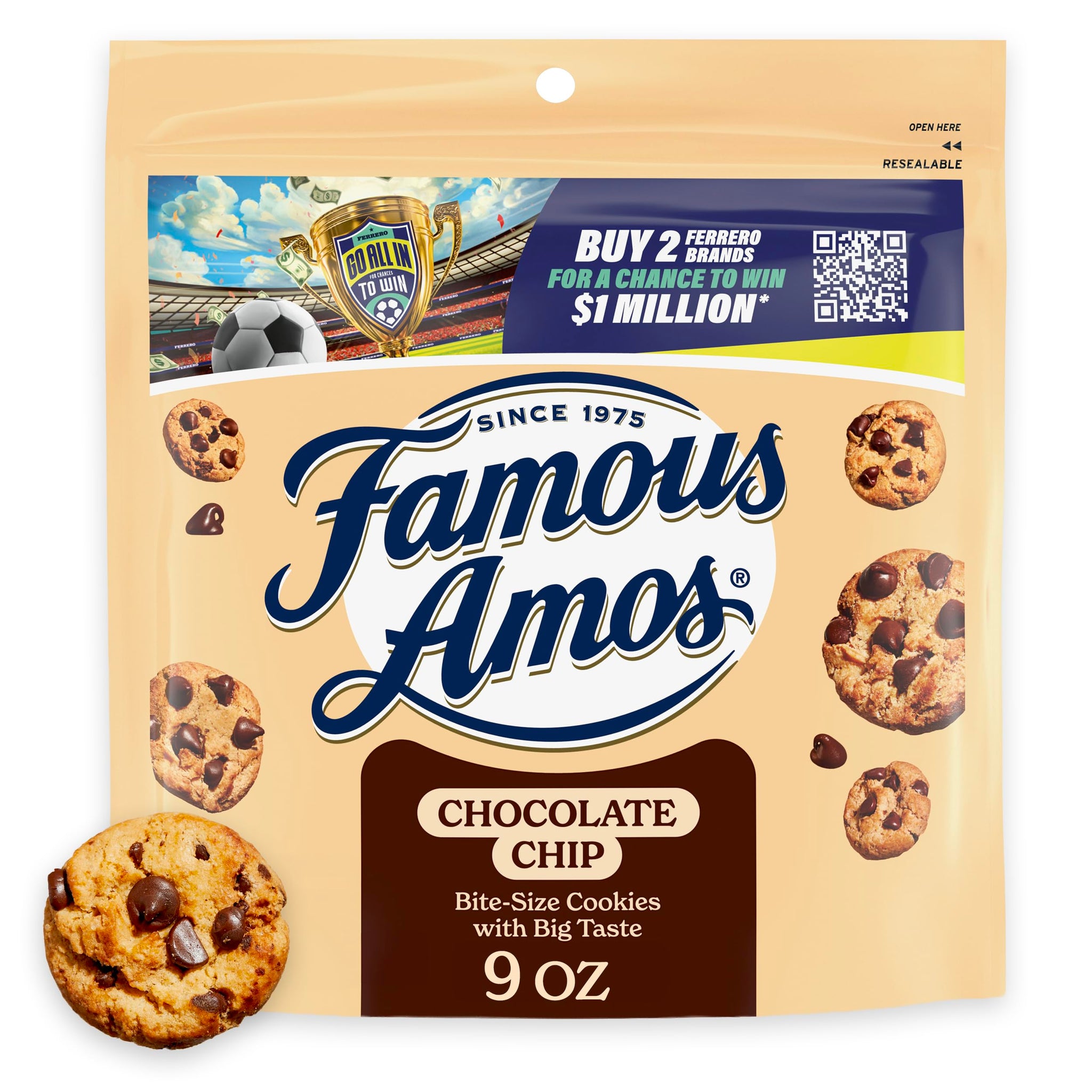 Famous Amos Classic Chocolate Chip Cookies, Bite-Size Cookies, Great for Sharing, 9 oz Resealable Bag