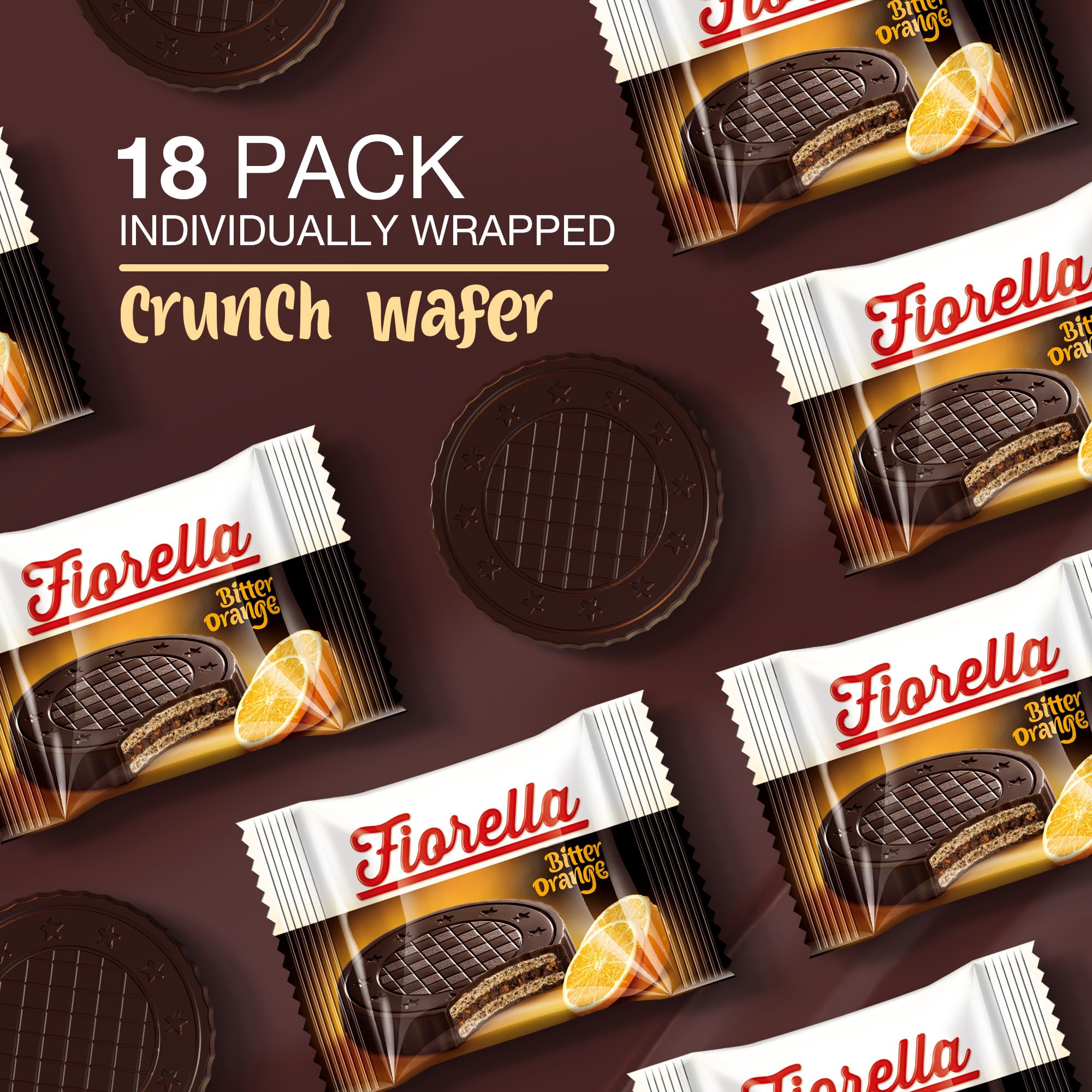 Fiorella Crunch Dark Chocolate Wafer Cookies, 18 Count, Chocolate Covered Crispy Thin Wafers with Layers of Orange Cream Filling, Individually Wrapped