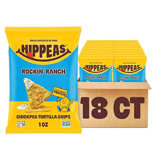 HIPPEAS Chickpea Tortilla Chips, Rockin’ Ranch Gluten Free Snacks, Dairy Free, Vegan, 1oz, Pack of 18, 3g Protein, 3g Fiber, Crunchy, Nutritious