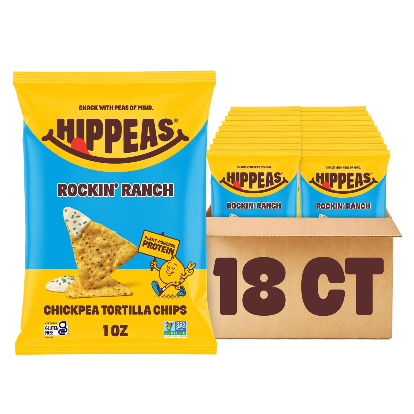 HIPPEAS Chickpea Tortilla Chips, Rockin’ Ranch Gluten Free Snacks, Dairy Free, Vegan, 1oz, Pack of 18, 3g Protein, 3g Fiber, Crunchy, Nutritious