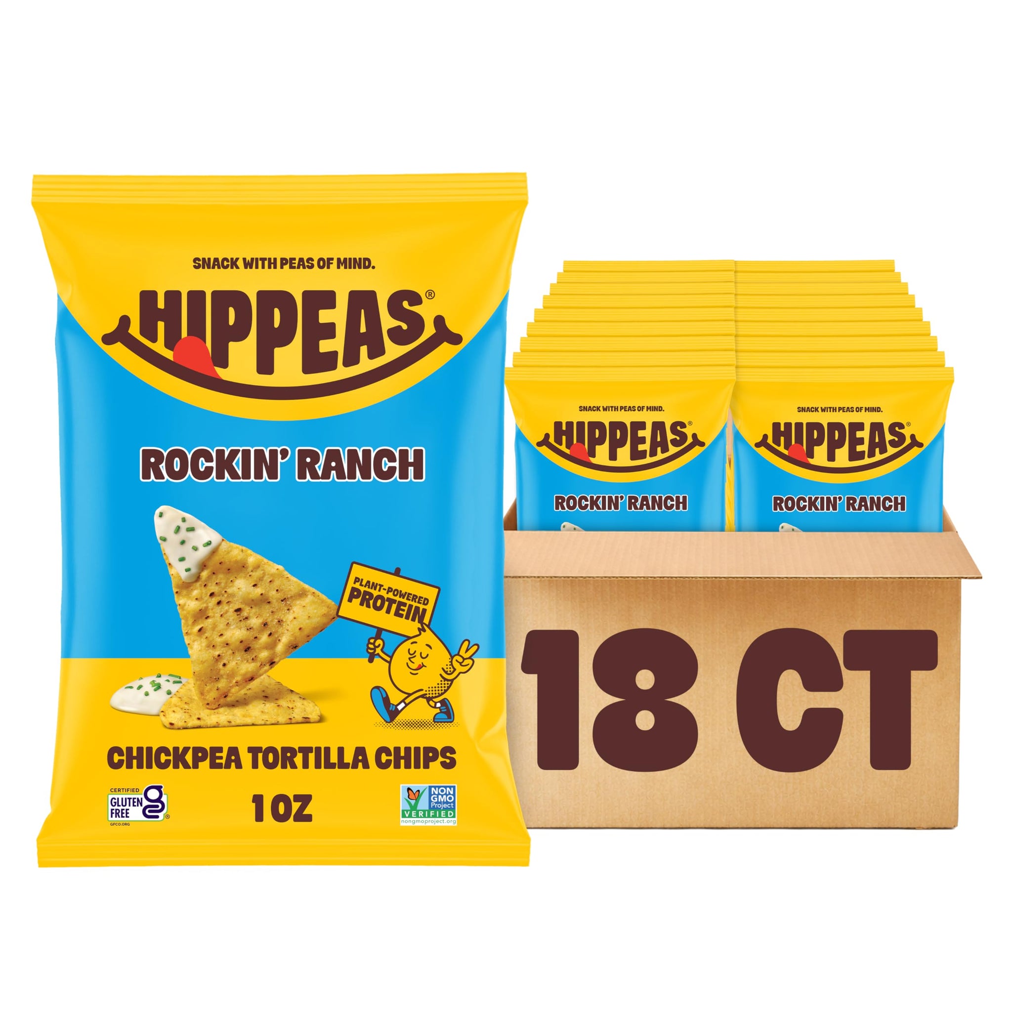 HIPPEAS Chickpea Tortilla Chips, Rockin’ Ranch Gluten Free Snacks, Dairy Free, Vegan, 1oz, Pack of 18, 3g Protein, 3g Fiber, Crunchy, Nutritious