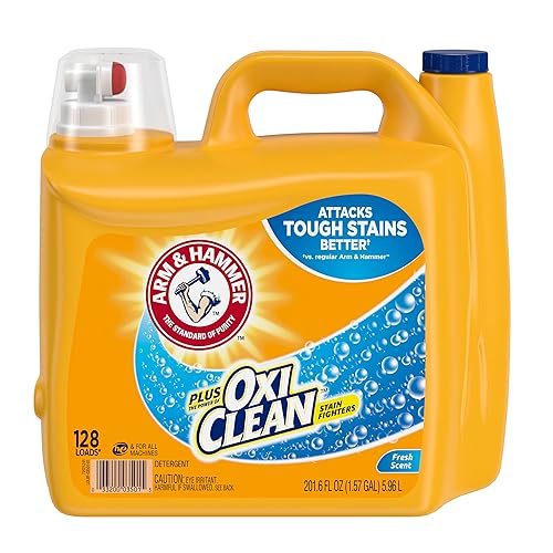ARM & HAMMER Plus OxiClean Laundry Detergent, 5 in 1 Laundry Stain Remover, Fresh Scent Liquid Laundry Detergent, 201.6 Fl Oz Bottle