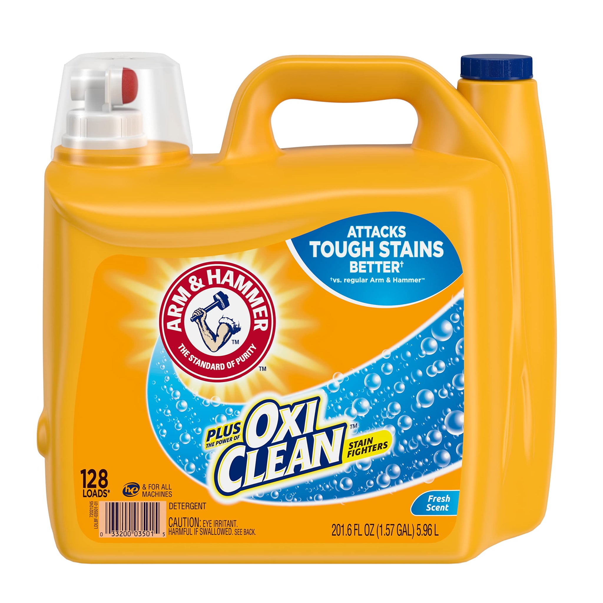 ARM & HAMMER Plus OxiClean Laundry Detergent, 5 in 1 Laundry Stain Remover, Fresh Scent Liquid Laundry Detergent, 201.6 Fl Oz Bottle