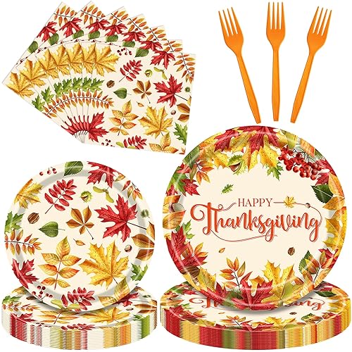 96 Pieces Fall Leaves Thanksgiving Tableware Set - Autumn-Themed Disposable Party Supplies with Paper Plates, Napkins, and Forks for Thanksgiving