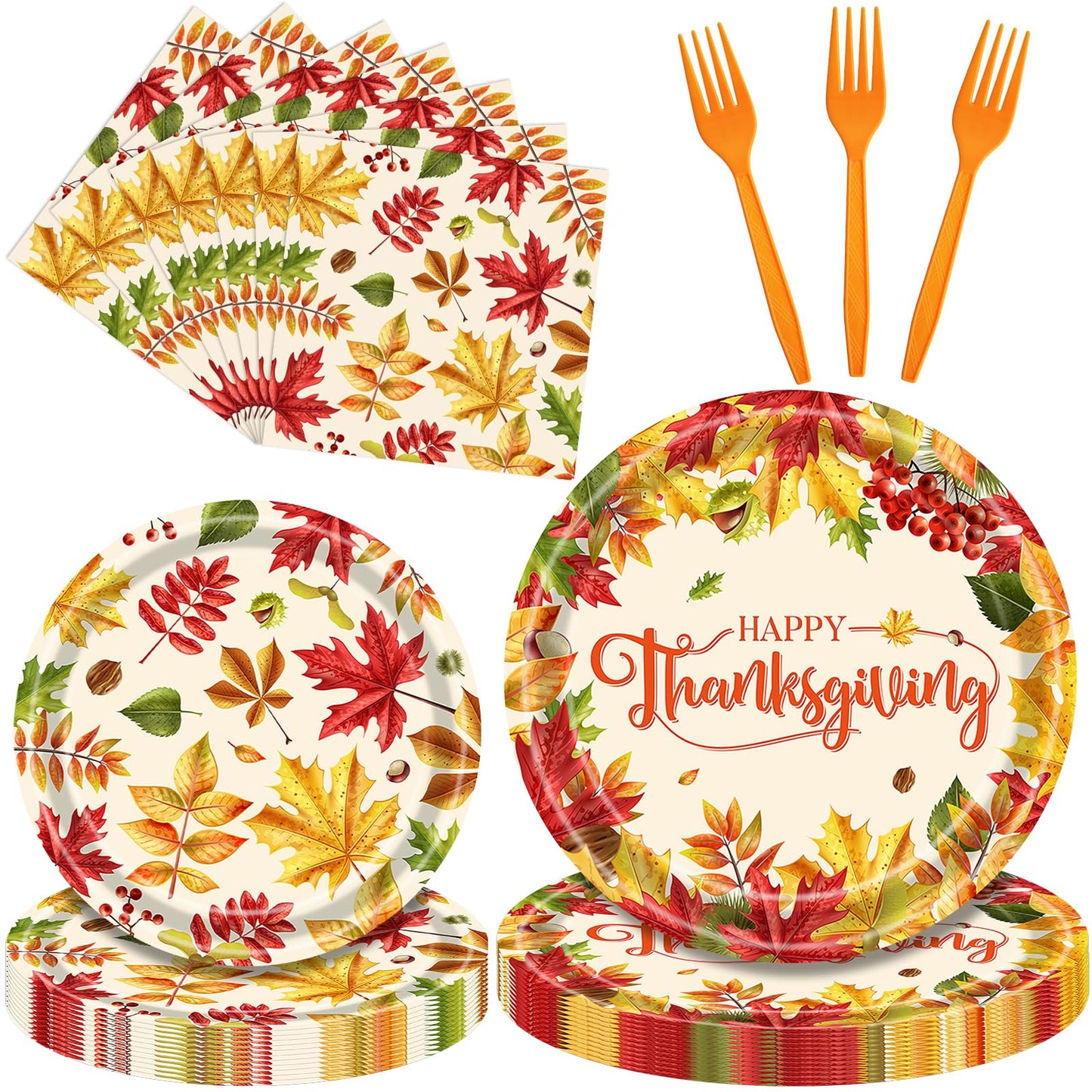 96 Pieces Fall Leaves Thanksgiving Tableware Set - Autumn-Themed Disposable Party Supplies with Paper Plates, Napkins, and Forks for Thanksgiving