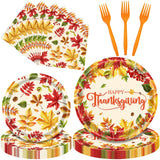 96 Pieces Fall Leaves Thanksgiving Tableware Set - Autumn-Themed Disposable Party Supplies with Paper Plates, Napkins, and Forks for Thanksgiving