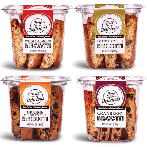 True Delicious BISCOTTI, 4 Boxes of Different Flavors (Whole Almond, Salted Pistachio, Orange Chocolate Chip, Cranberry), 4x6oz…