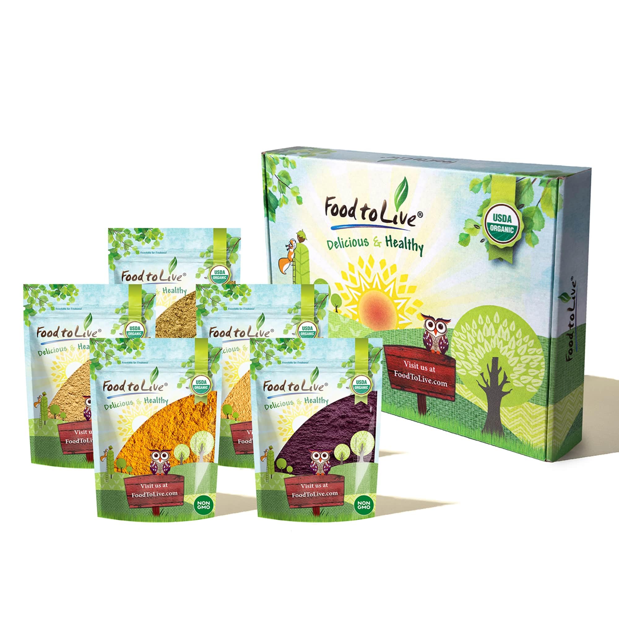 Food to Live Organic Super Powders in a Gift Box - Acai Berry Powder, Goji Berry Powder, Sacha Inchi Powder, Maca Powder, Mesquite Powder
