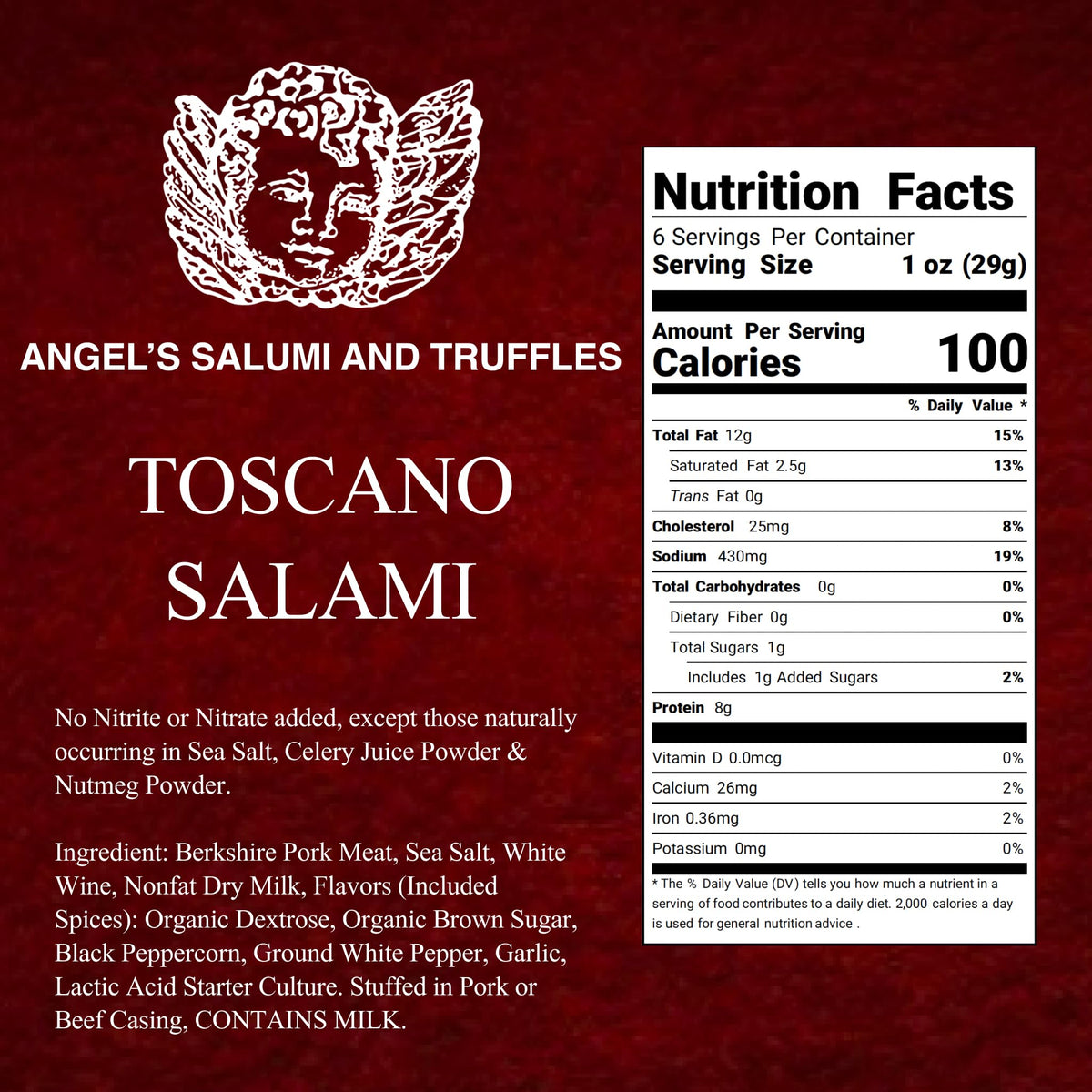Angel's Salumi & Truffles Italian Toscano Salami - 5.5oz Gourmet Artisanal Charcuterie - Humanely Raised, Vegetarian Fed, Antibiotic, Hormone, MSG
