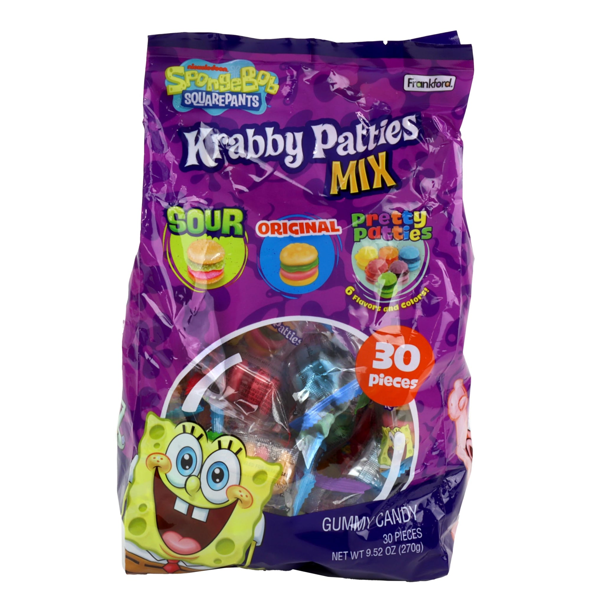 Frankford SpongeBob SquarePants Krabby Patty Gummy Candies with Original, Sour, and Pretty Patty Flavors, 30 Count