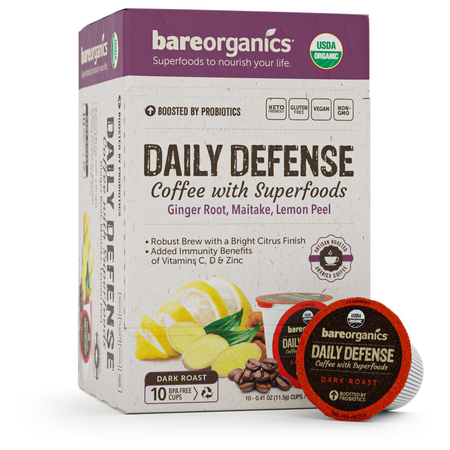 Daily Defense Organic Coffee Pods - Coffee with Maitake, Ginger Root, Lemon Peel & Superfoods - Healthy Mold Free Probiotic beverage, Vegan, Gluten