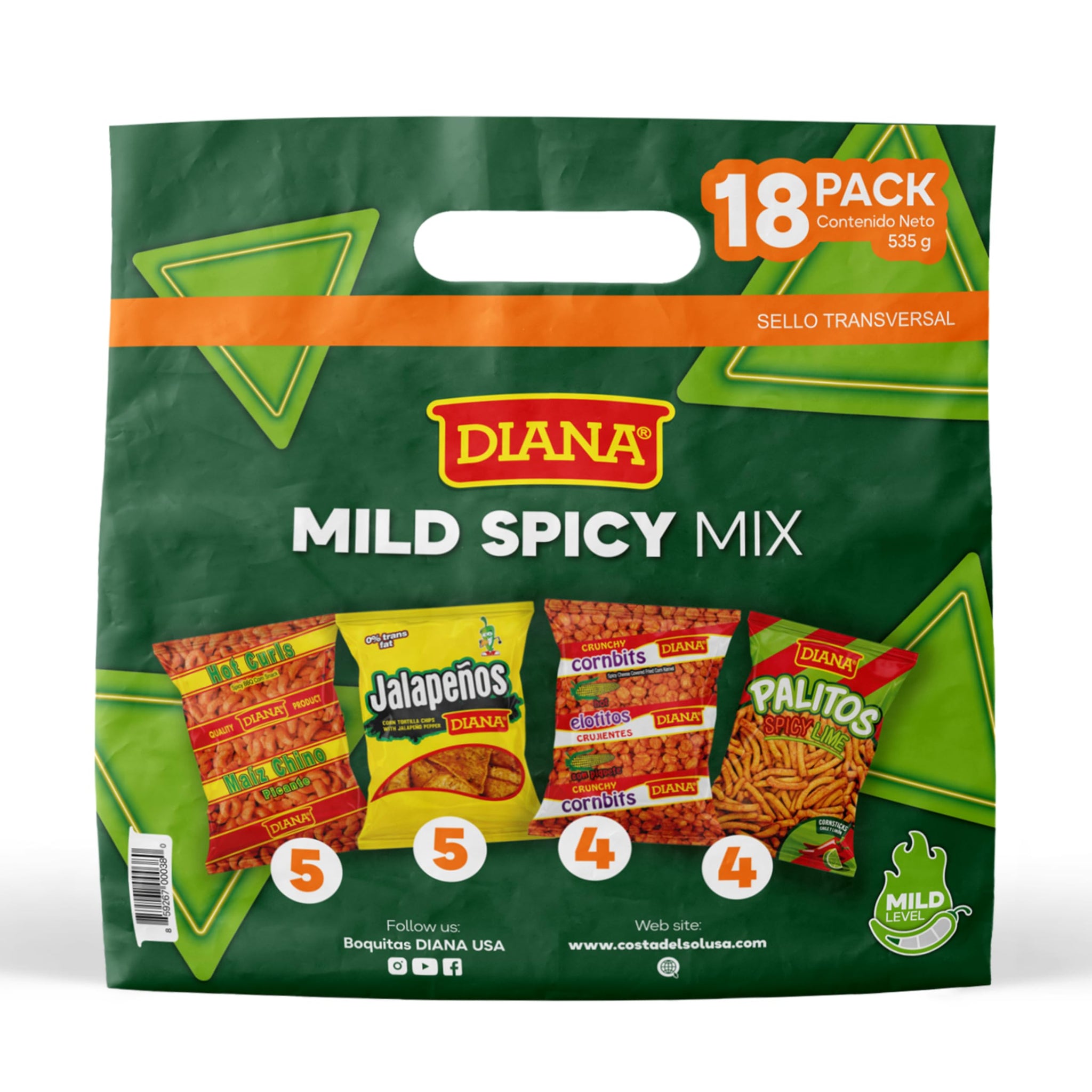Diana Mild Spicy Snack Variety Pack, Hot Curls, Jalapeños, Spicy Cornbits and Chili Limon Palitos, 18 Bags, 18 Oz