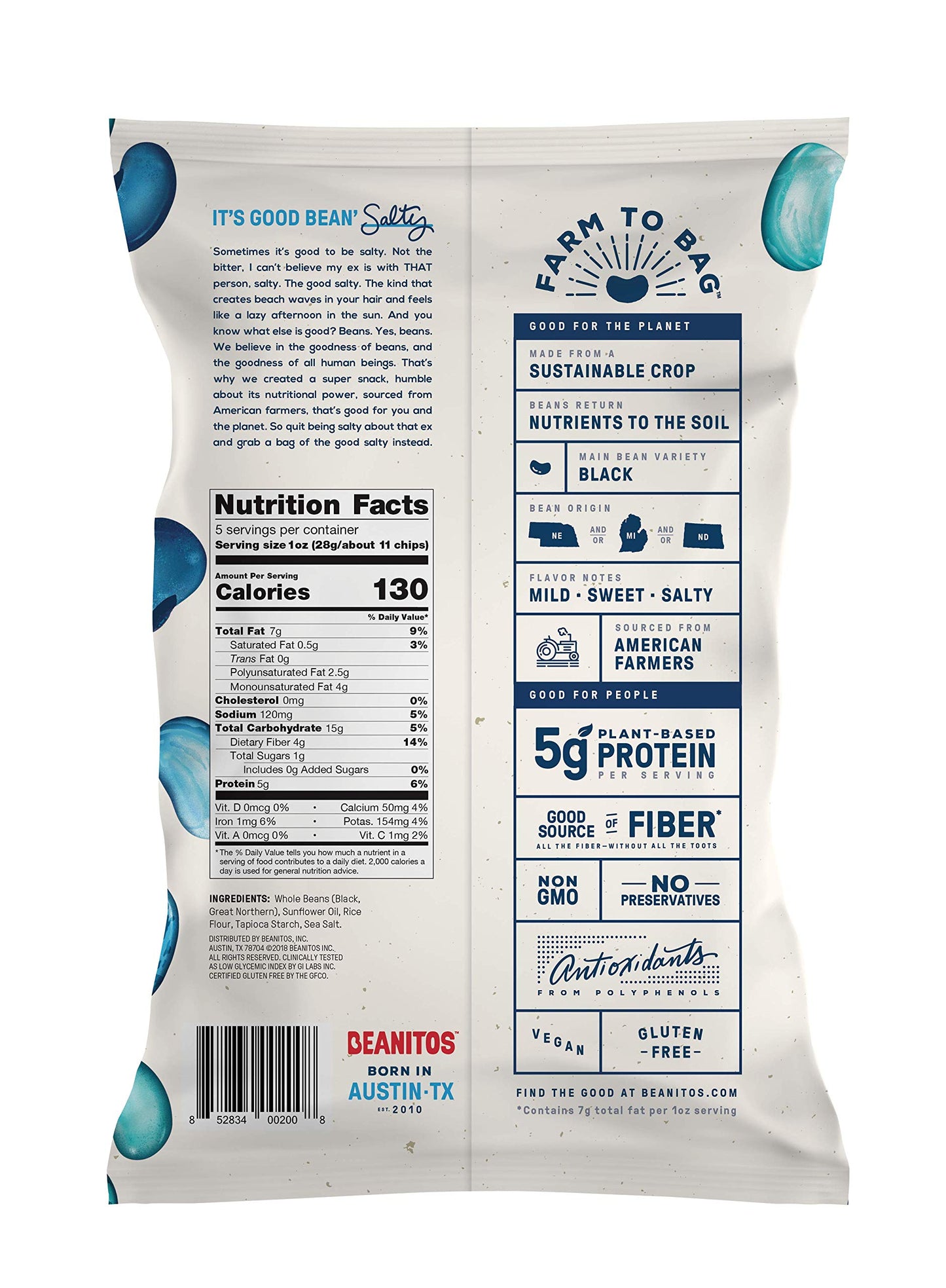 Beanitos Black Bean Chips with Sea Salt, The Healthy, High Protein, Gluten free, and Low Carb Vegan Tortilla Chip Snack, 5 Ounce A Lean Bean Protein