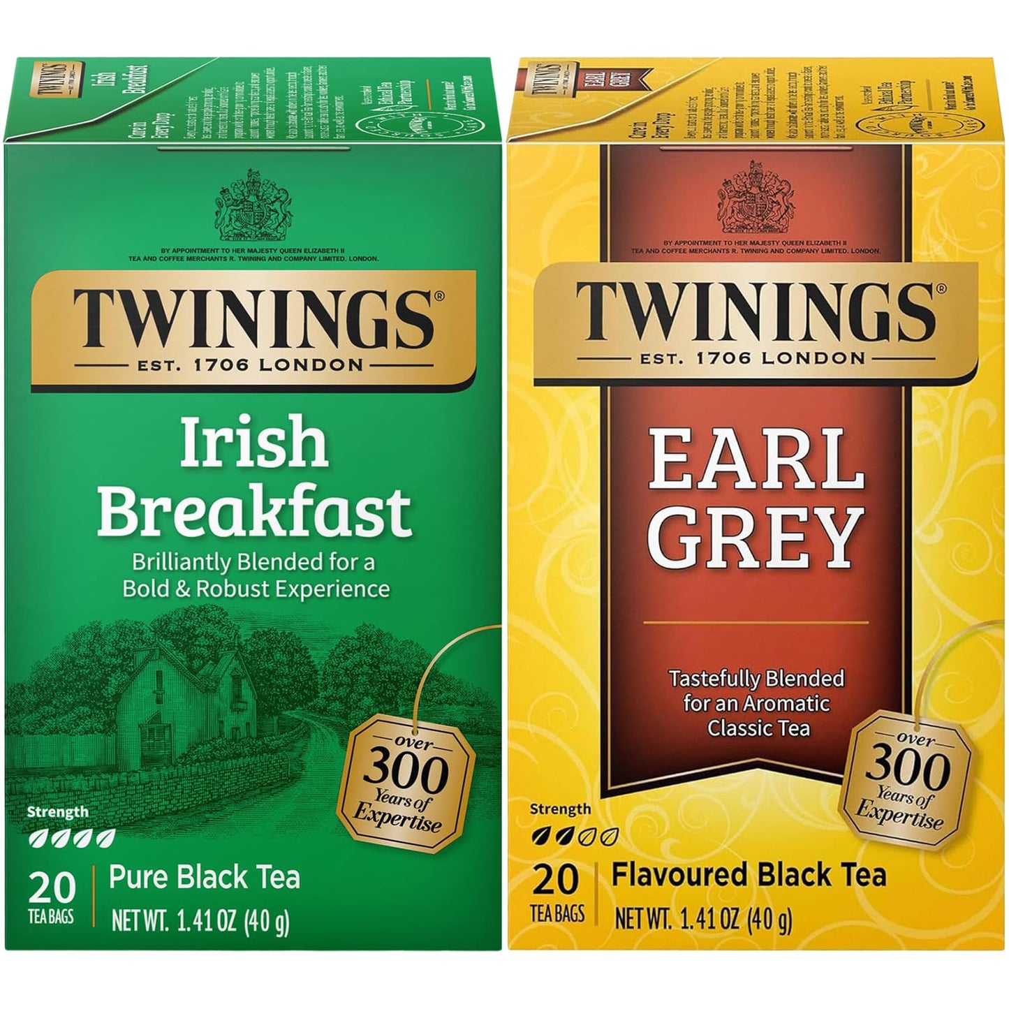 Twinings Tea Variety 2-Pack - Earl Grey + Irish Breakfast, Caffeinated Black Tea Bags, Individually Wrapped, 20 Count Each
