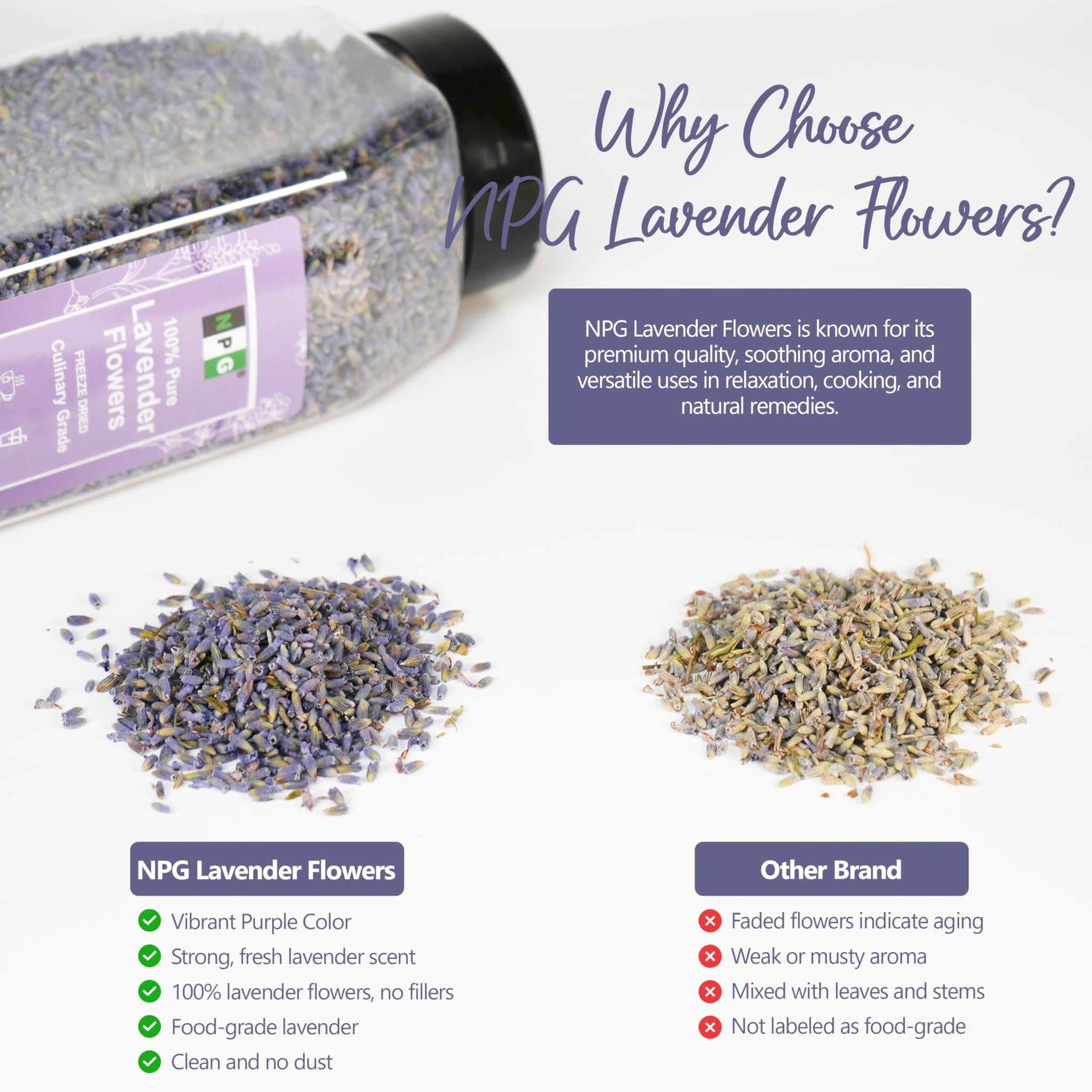 NPG Freeze Dried Lavender Flowers 4 Oz, Culinary Grade Lavender Buds for Tea, Baking, DIY Soap, Candle Making, Potpourri, Natural Fragrance Sachets