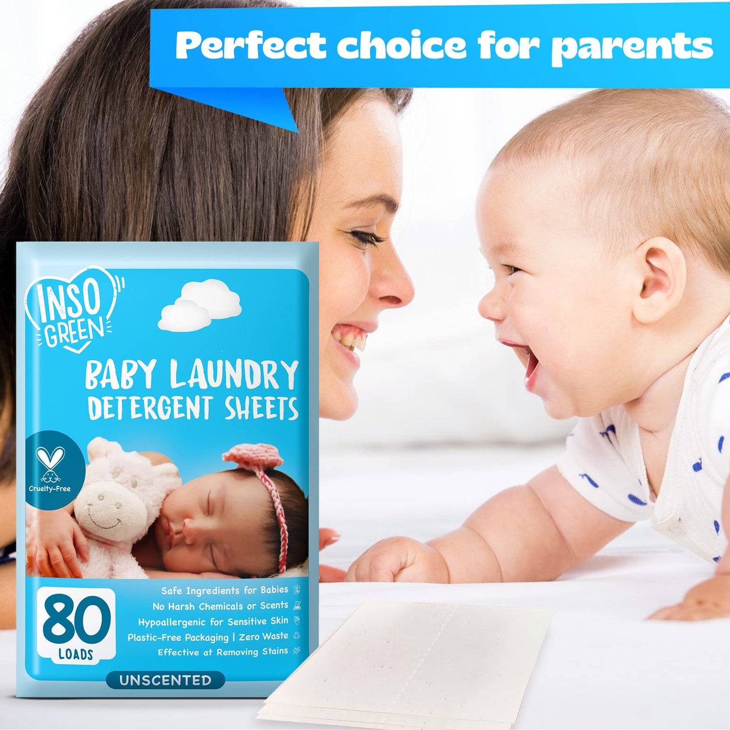 Baby Laundry Detergent Sheets for Infant, Toddler and Newborns, 80 Loads, Unscented - Gentle for Sensitive Skin - Washing Detergent for Baby Clothes