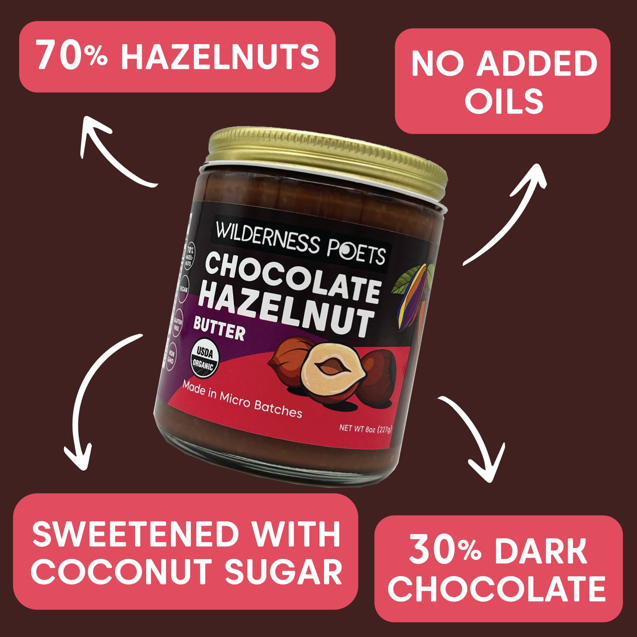 Wilderness Poets, Organic Chocolate Hazelnut Butter - (8 Ounce) - No Palm Oil - Simple Ingredients - 70% Hazelnuts, 30% Dark Chocolate Sweetened