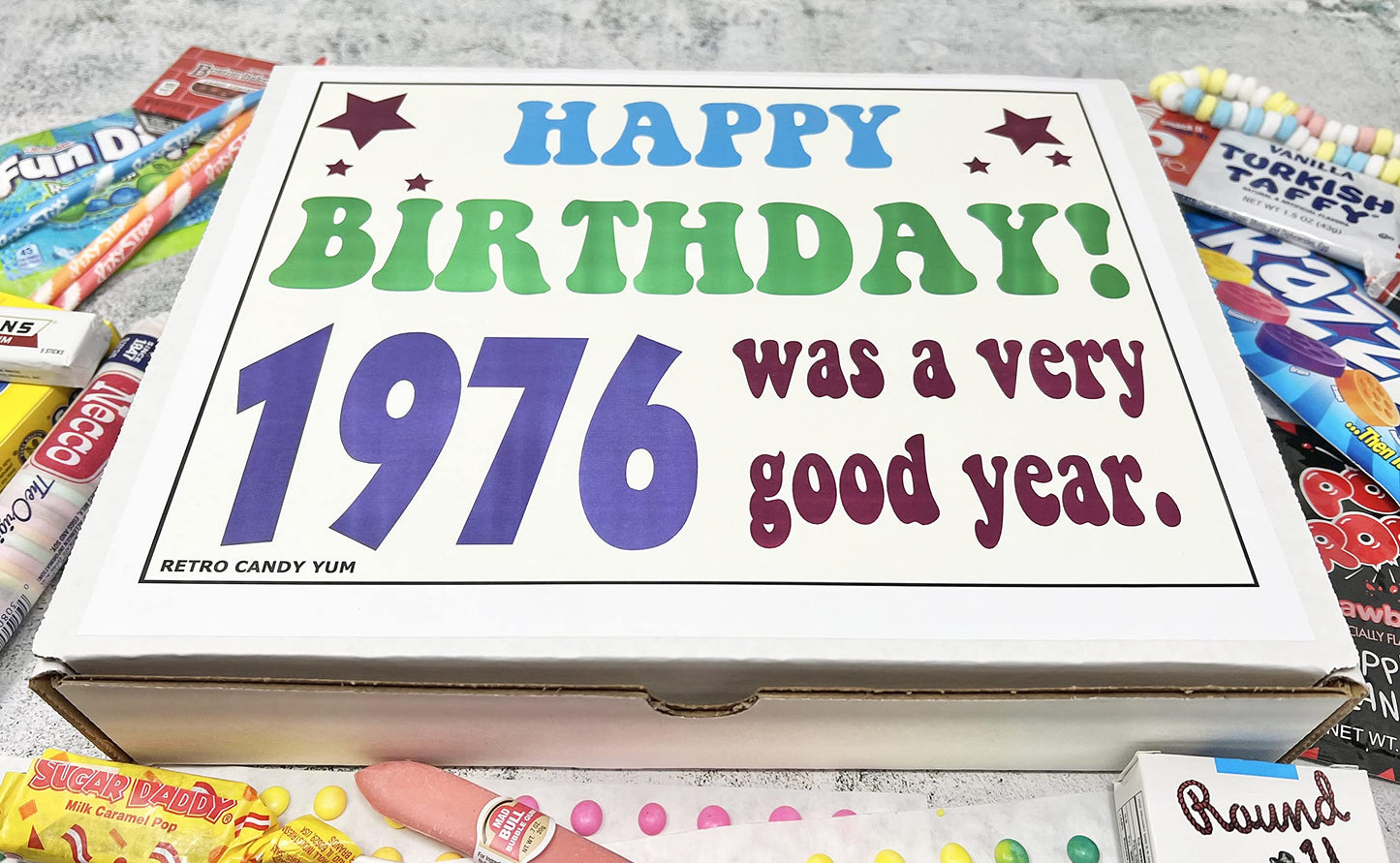 RETRO CANDY YUM ~ 1976 50th Birthday Gift Box Nostalgic Candy Assortment from Childhood for 50 Year Old Man or Woman Born 1976