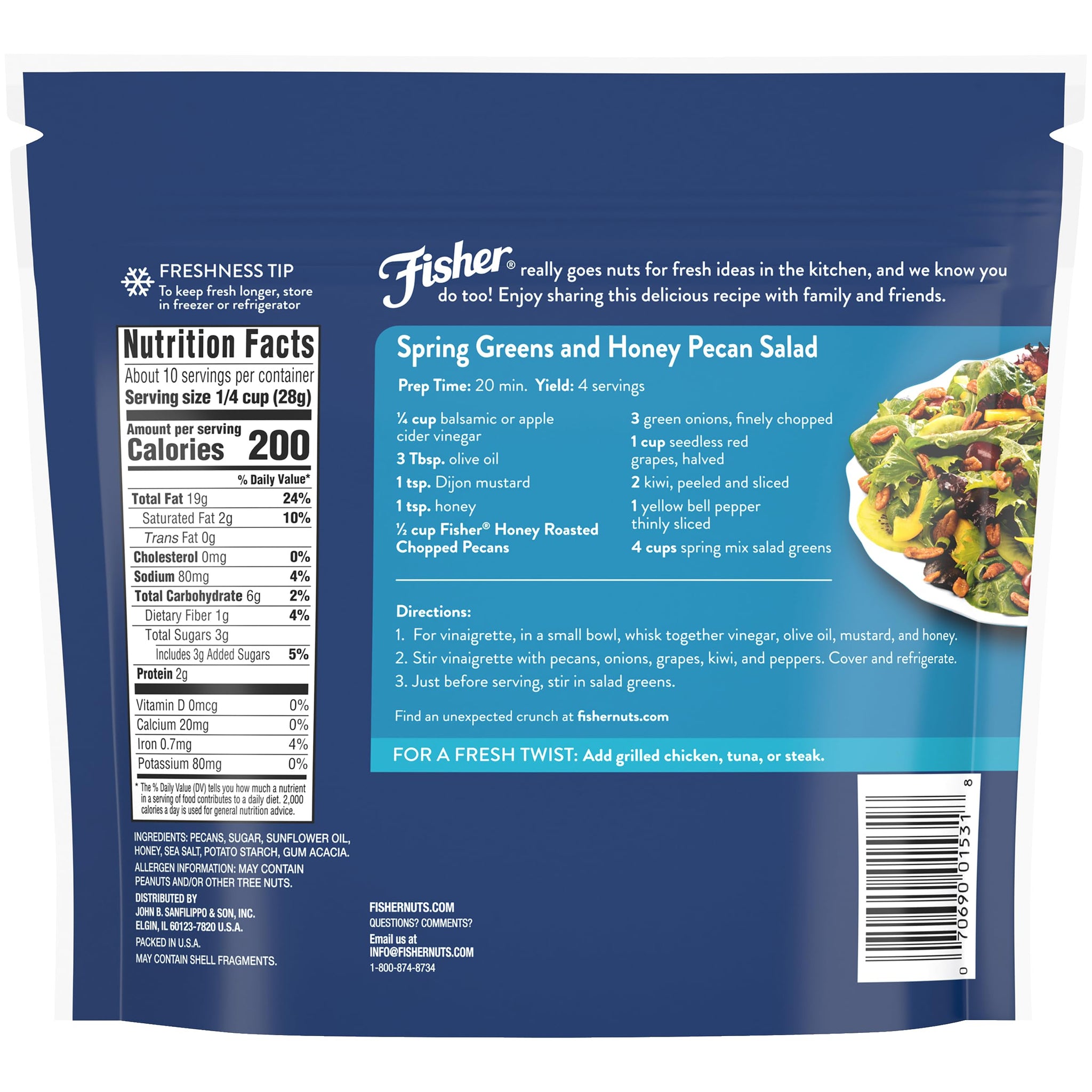 Fisher Chef's Naturals Honey Roasted Chopped Pecans 10oz Resealable Bag, Sweet and Salted Nuts for Cooking, Baking & Snacking, Snacks for Adults