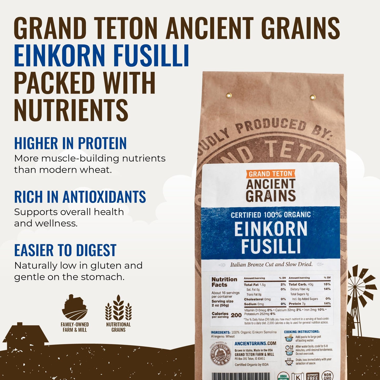 Grand Teton Ancient Grains Organic Einkorn Fusilli Pasta: Spiral Ancient Grain Pasta, Bronze Cut, Stone Milled, Non-GMO, Glyphosate Free, Pasta Salad